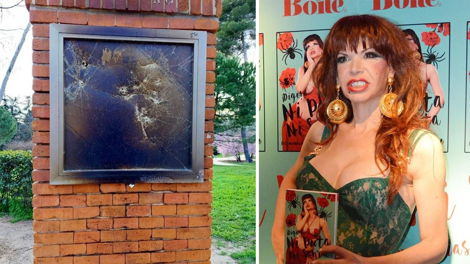 A la izquierda, estado en el que está la placa en homenaje a Cristina Ortiz.