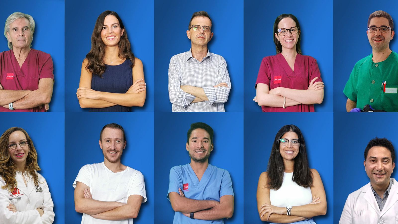 Comenzando por la primera fila a la izquierda, Dr. López Cano, Dra. Ruiz Pagés, Dr. Claudio Rodríguez, Dra. Jiménez, Dr. Viejo, Dra. Fernández, Dr. Carnerero, Dr. Sáez, Dra. Camacho y Dr. Rincón.