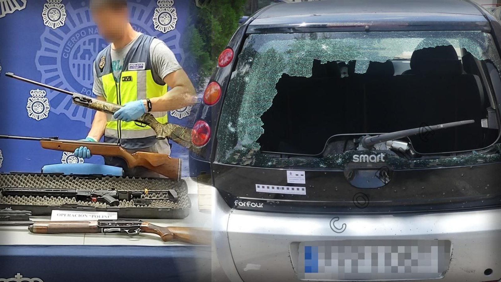 Las armas intervenidas por la Policía y el estado en el que quedó el coche de las víctimas.