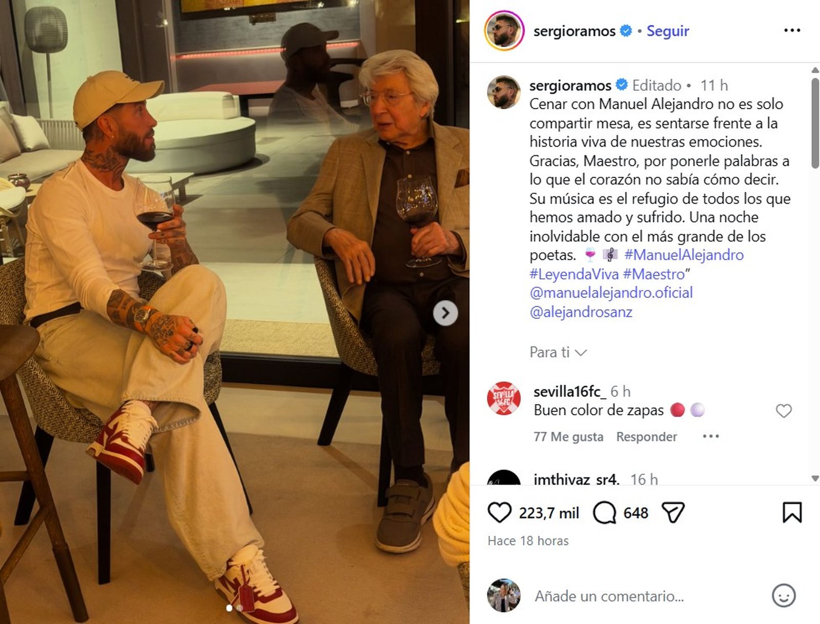 Publicación de Sergio Ramos en Instagram en la que presume de haber cenado con el compositor jerezano, Manuel Alejadro.