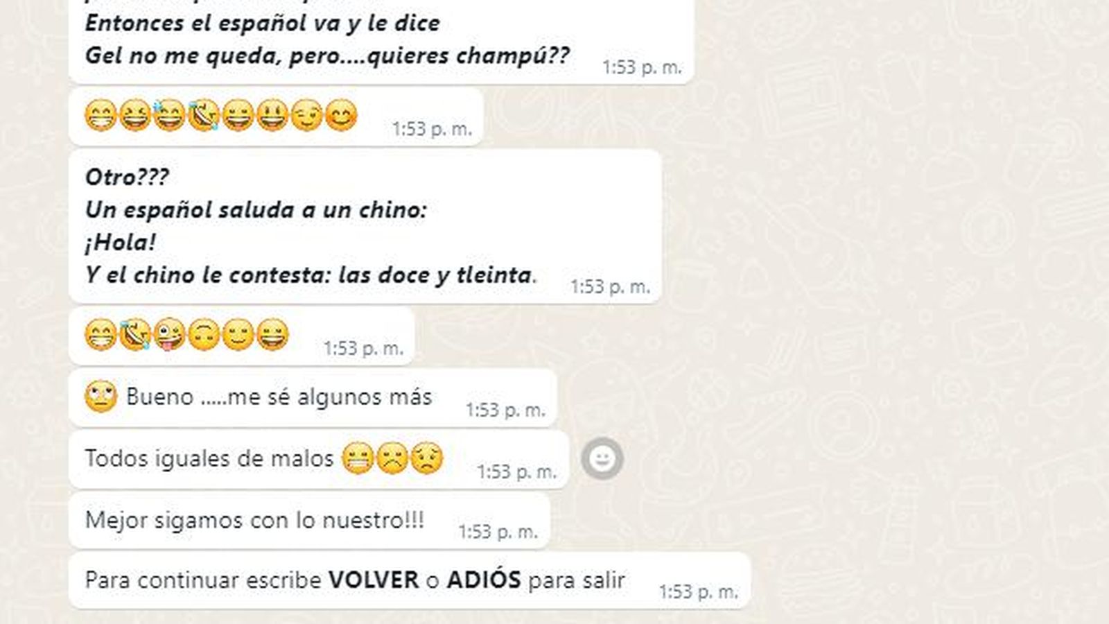 Una imagen con los chistes de Ciudadanos en el bot.