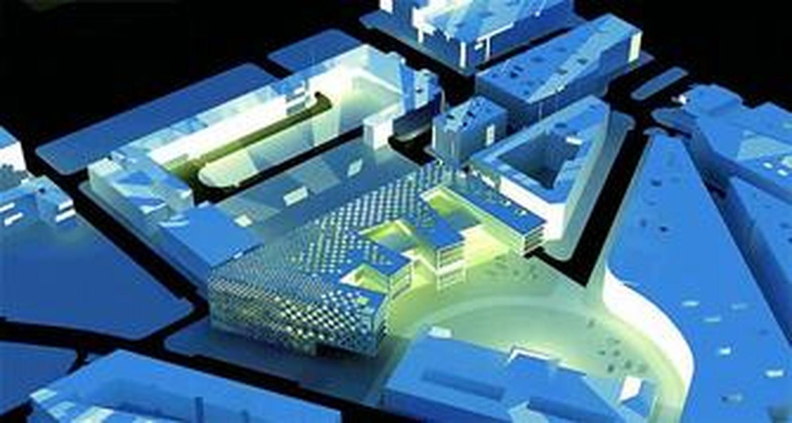 Aspecto frontal del edificio, con volúmenes suspendidos y desgajados del resto del conjunto.