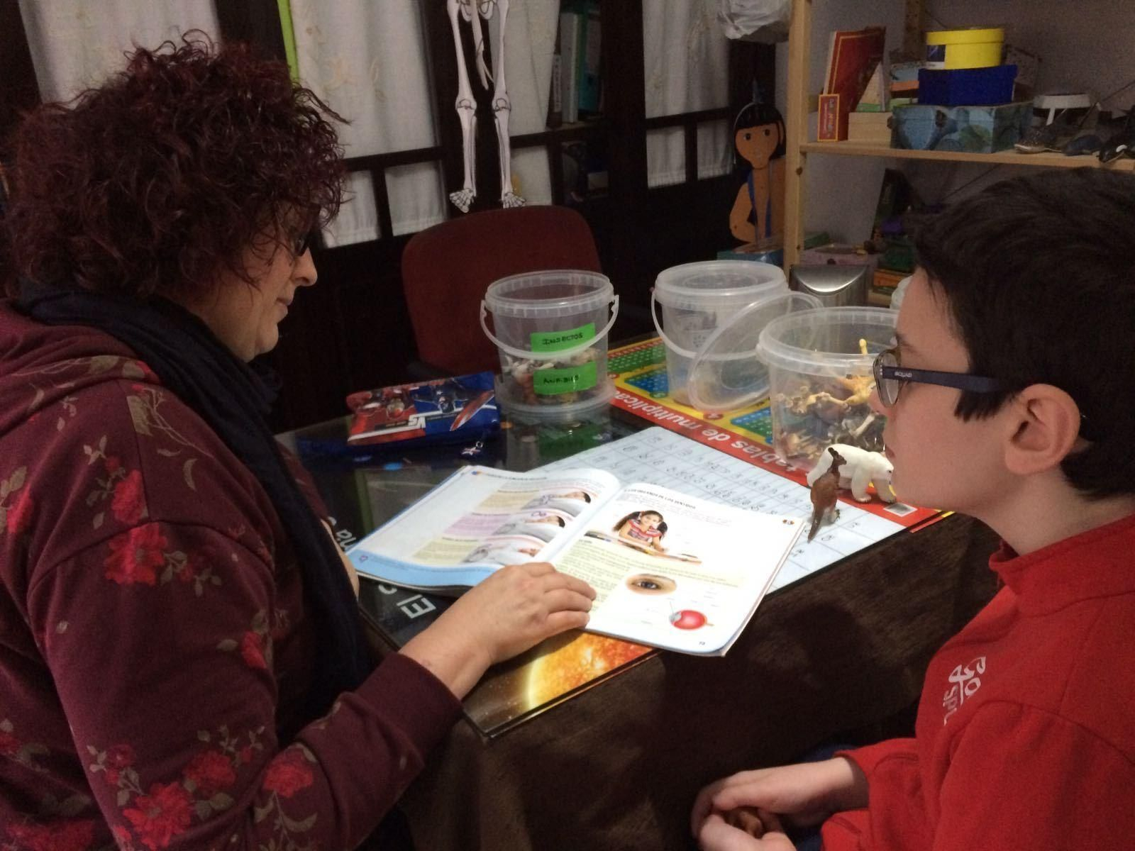 Carolina García Sánchez repasa una asignatura con su hijo Rafa, inscrito en el Centro Integrado de Enseñanzas Regladas a Distancia (Cidead).