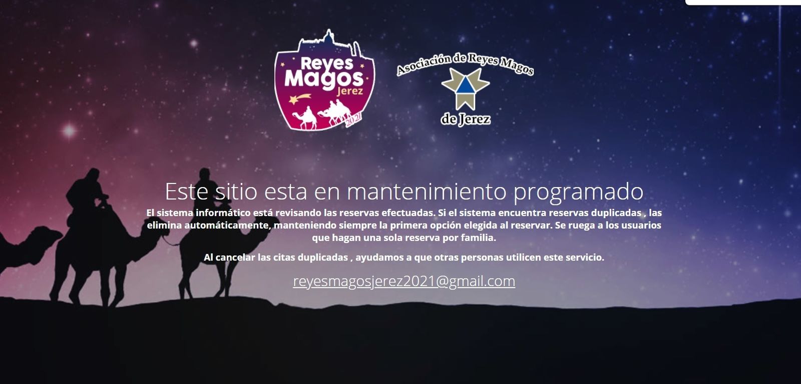 Mensaje en la portada de la web de la Asociación de Reyes Magos de Jerez.
