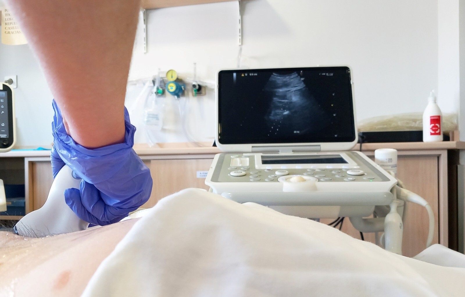 Personal del servicio de Nefrología practicando una ecografía renal.