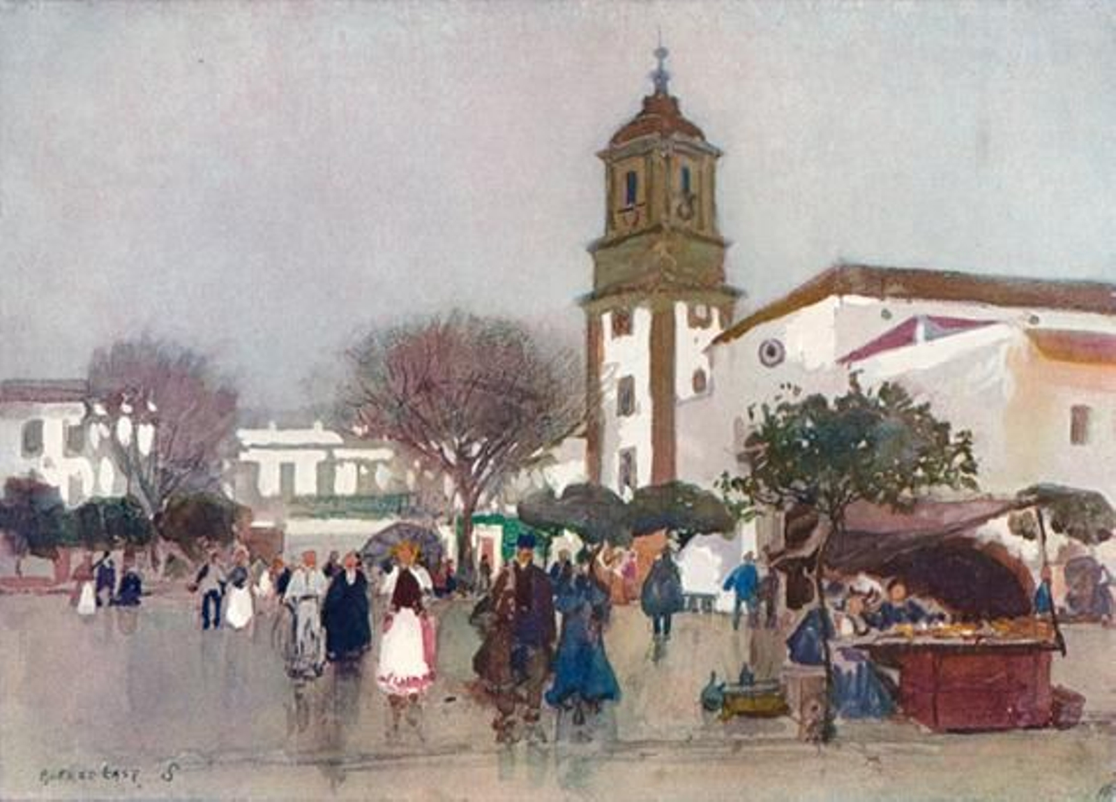 Alfred East nos dejó esta acuarela, aparentemente sencilla, en la que representa magistralmente los difíciles matices de un dia de lluvia en la plaza Alta. Alfred East nos dejó esta acuarela, aparentemente sencilla, en la que representa magistralmente los difíciles matices de un dia de lluvia en la plaza Alta.