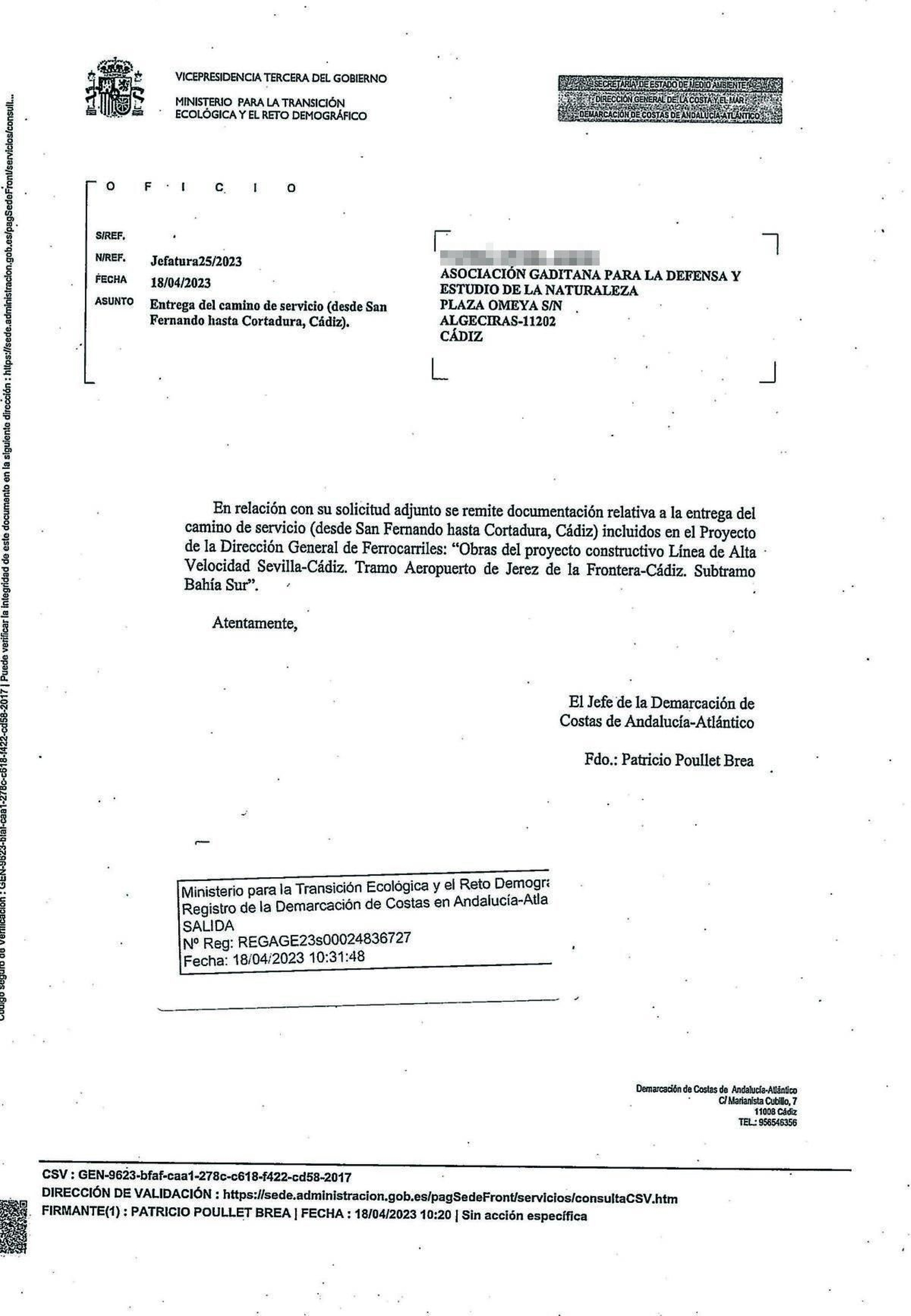 Documento de la cesión del carril a Costas por parte de Adif.