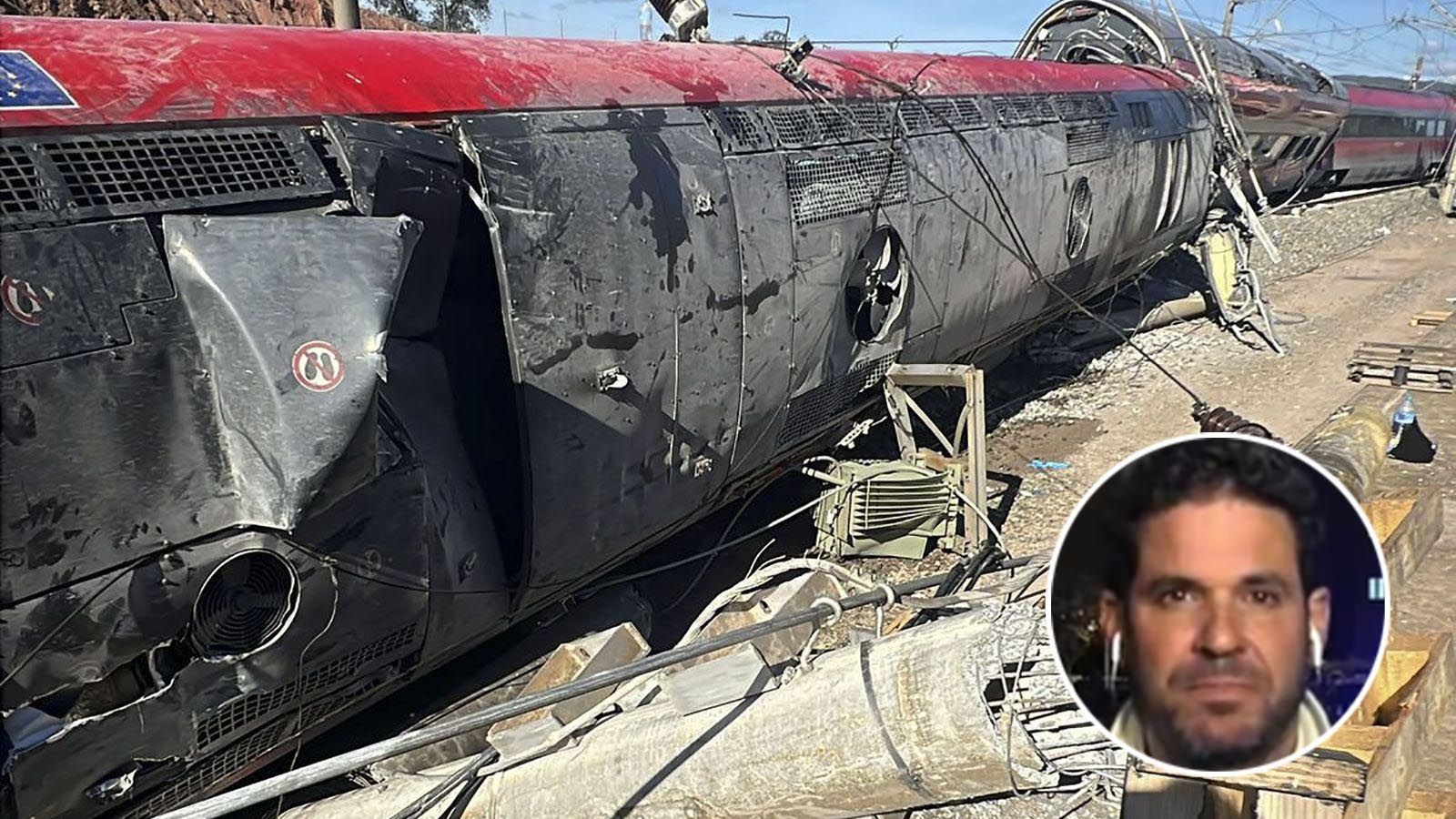 Fidel Sáez en  la imagen en un montaje con el tren siniestrado detrás
