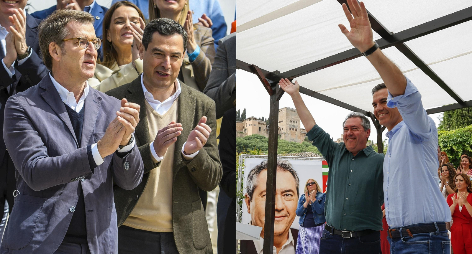 Alberto Núñez Feijóo y Juanma Moreno y Juan Espadas y Pedro Sánchez en actos anteriores.