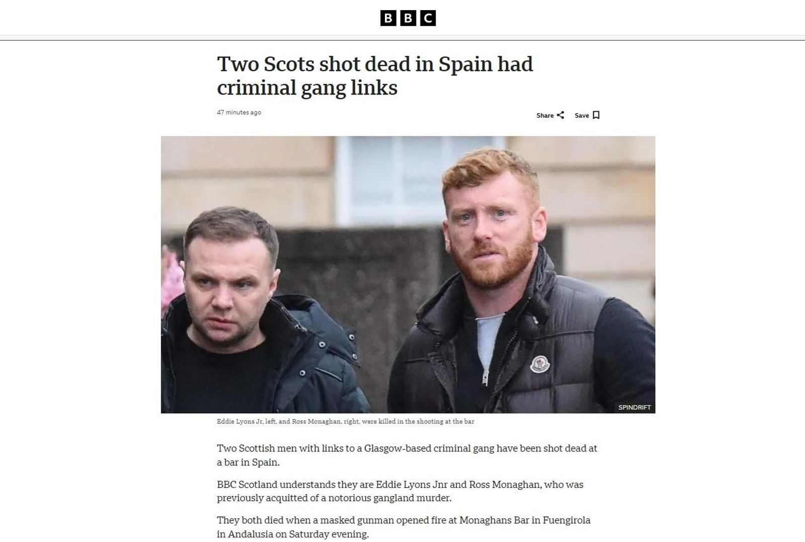 La noticia del tiroteo en Fuengirola, en la edición digital de 'BBC'.