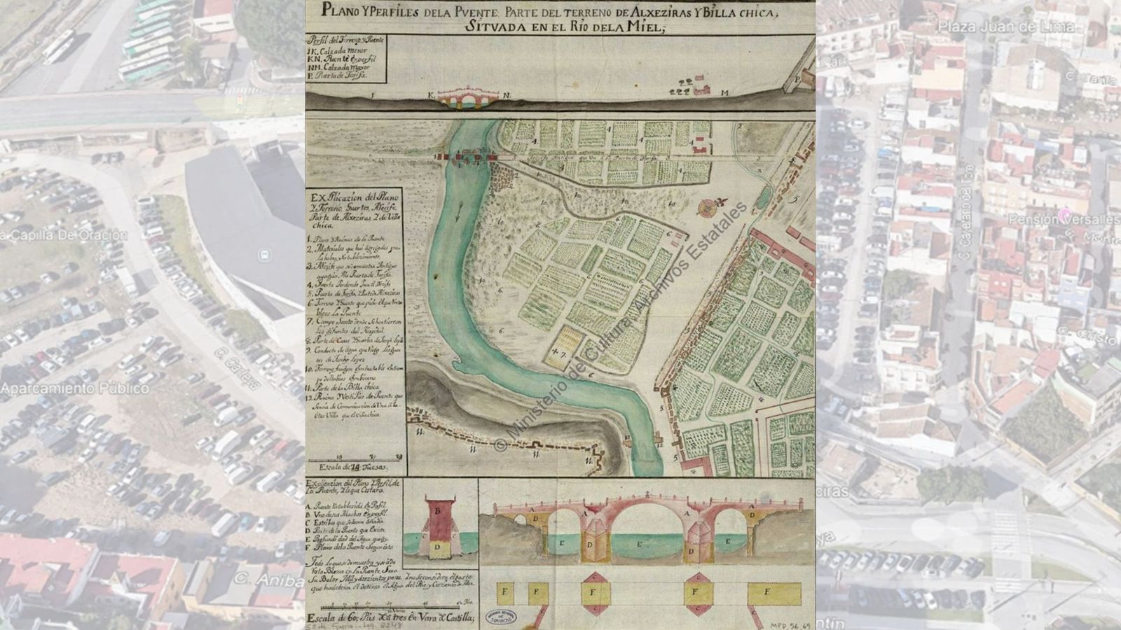 Plano de 1736, con la zona del Realejo, base del “Pleito del Puente”.