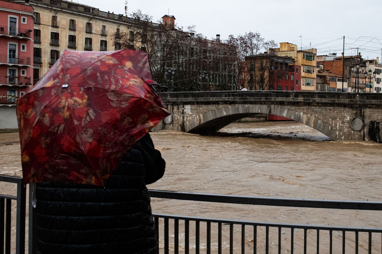 Varias personas observan la crecida del río Onyar a su paso por el centro de Gerona.