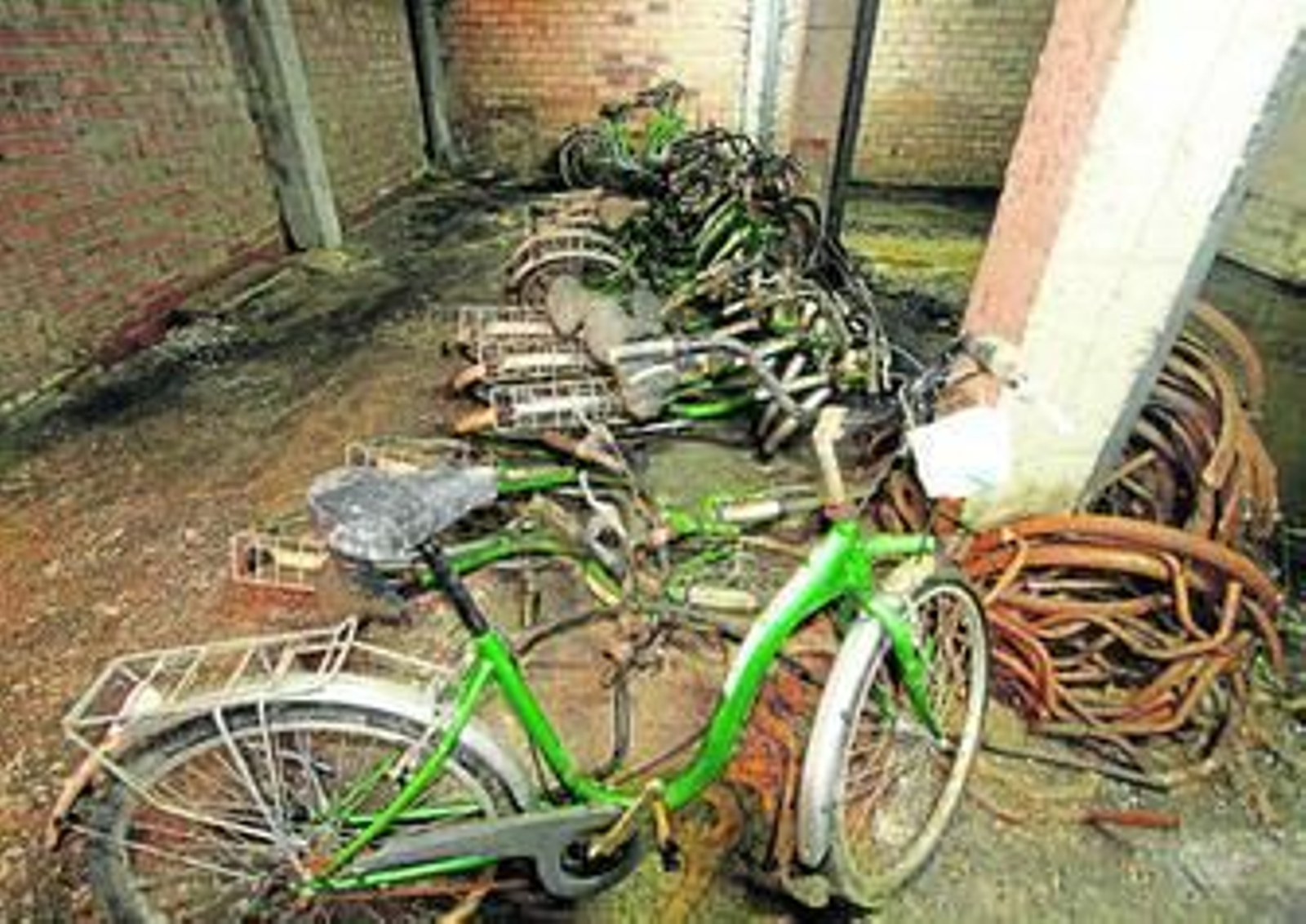 Imagen de parte de las bicicletas llenas de humedad y oxidadas, rodeadas de aguas fecales en el almacén de Juan Pérez Arriete.