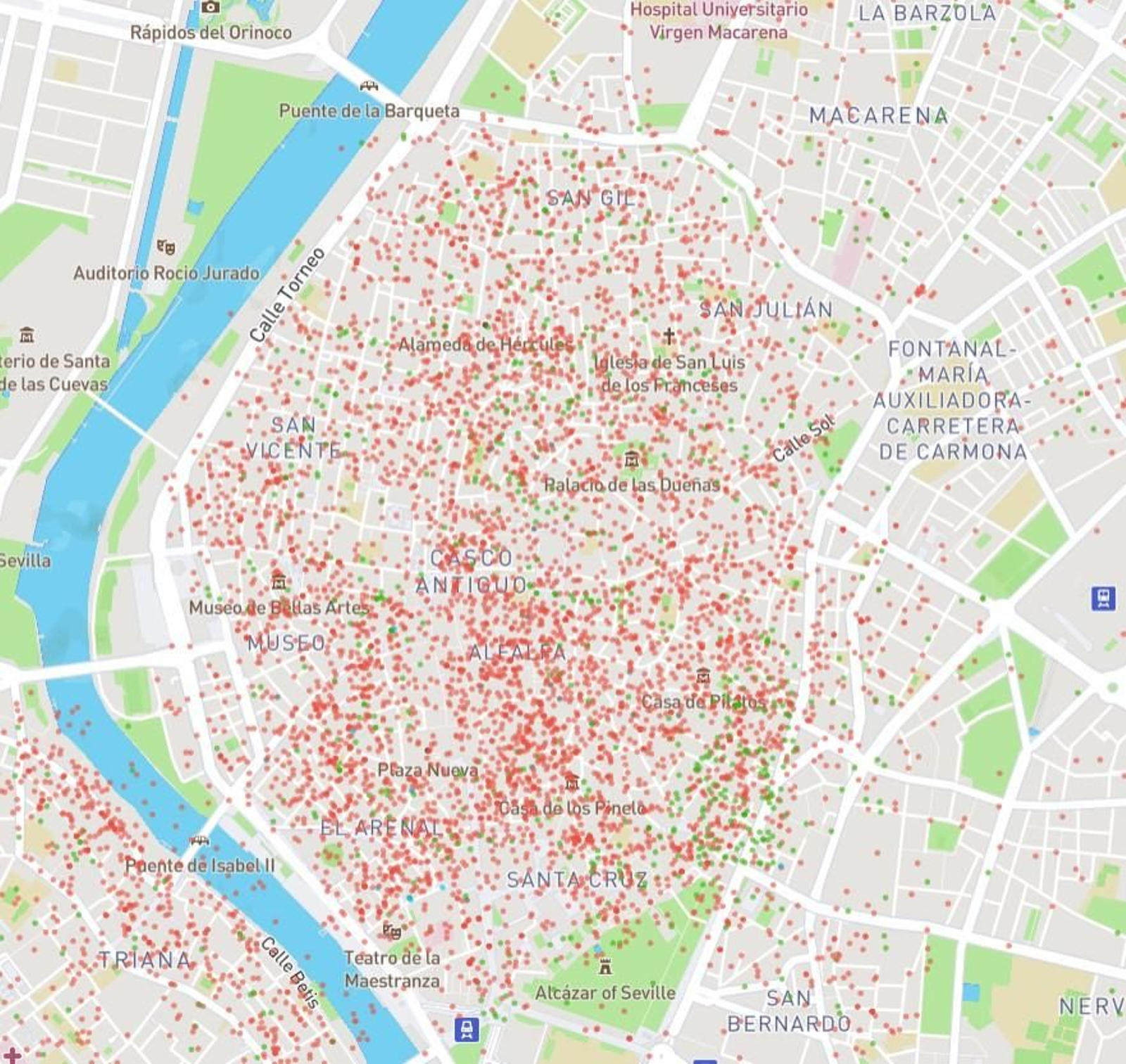 Mapa de apartamentos turísticos de la plataforma Airbnb en el centro de Sevilla
