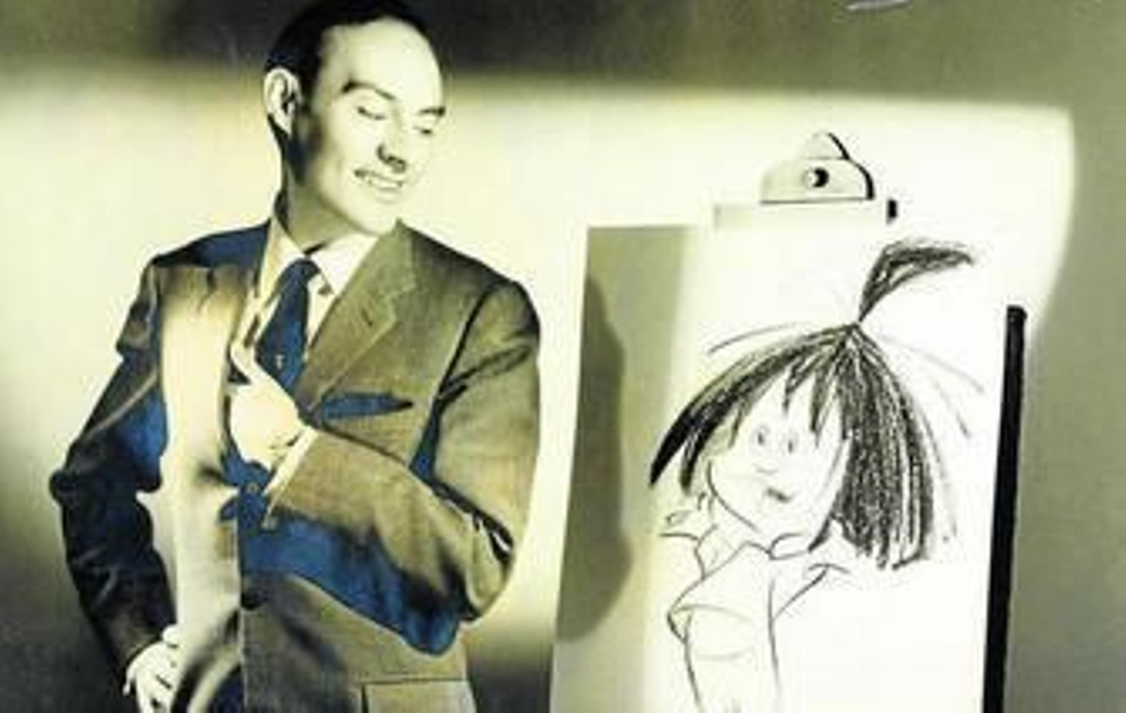 José Luis Moro ante el dibujo de Cleo, uno de los miembros de la familia Telerín. Abajo, el boceto de la calabaza Ruperta.