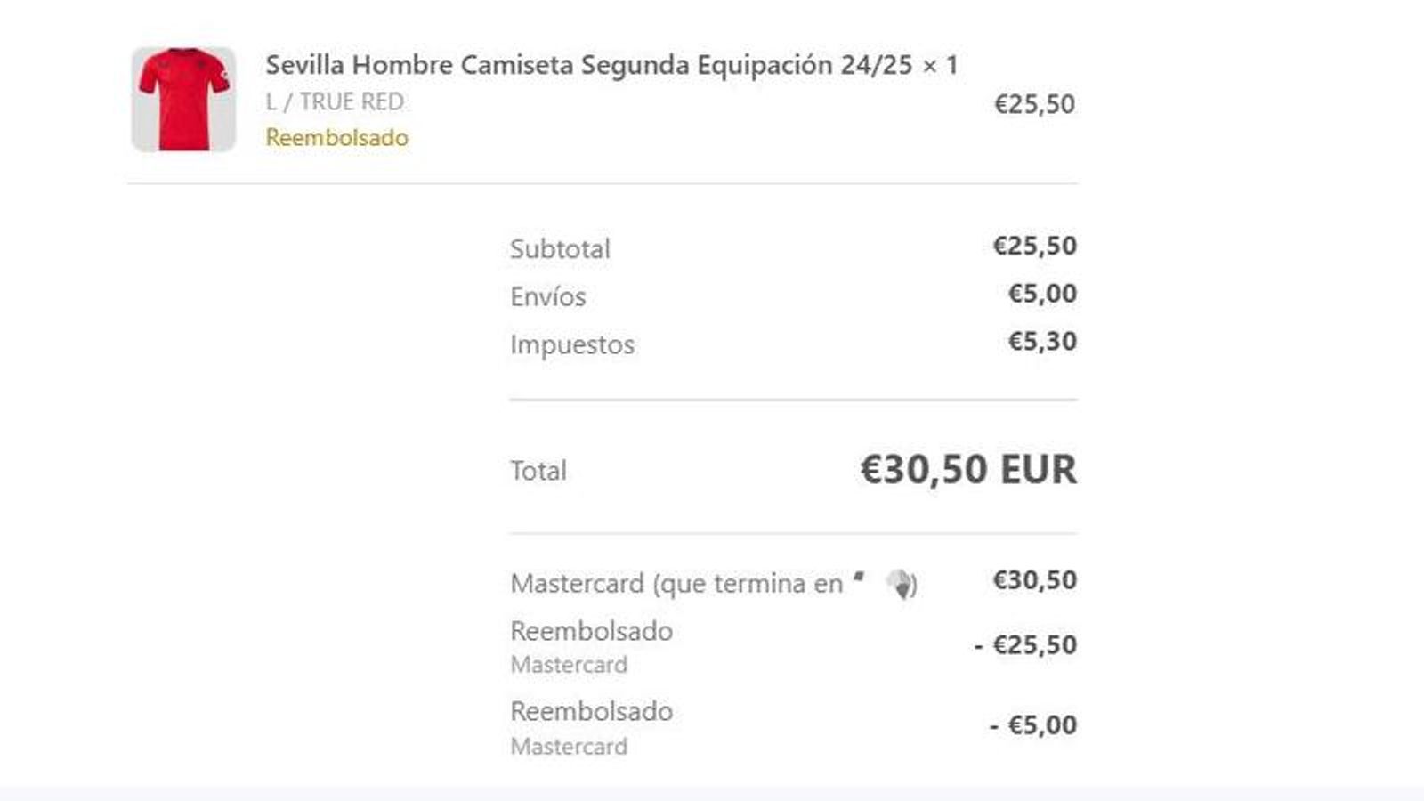 Captura de pantalla de un correo de Castore en el que ahora sí se notifica la devolución de los gastos de envío.
