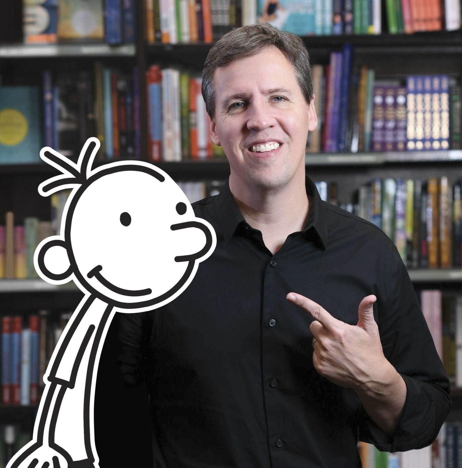 El escritor Jeff  Kinney y la caricatura de su personaje literario y cinematográfico