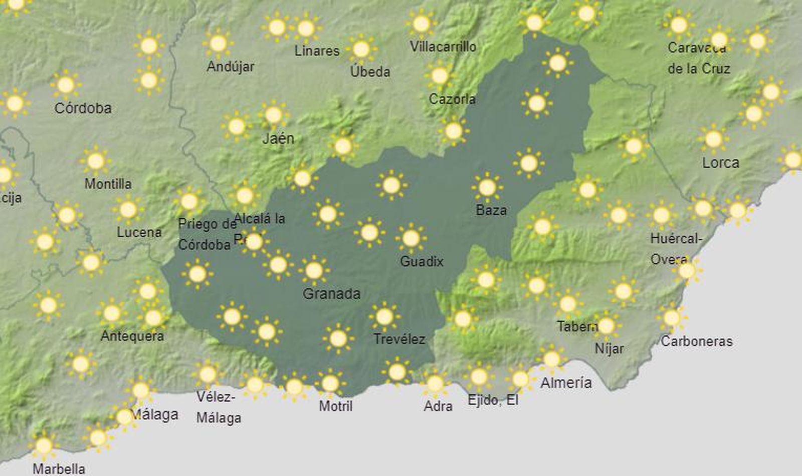 Mapa de previsión para el lunes 27 de junio en Granada