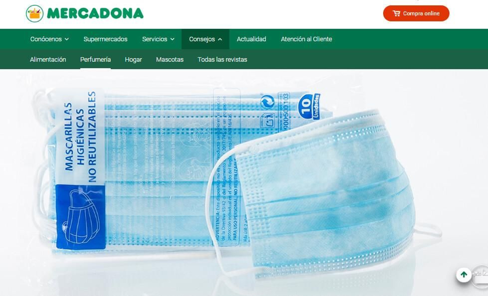 La mascarilla higiénica que vende Mercadona.