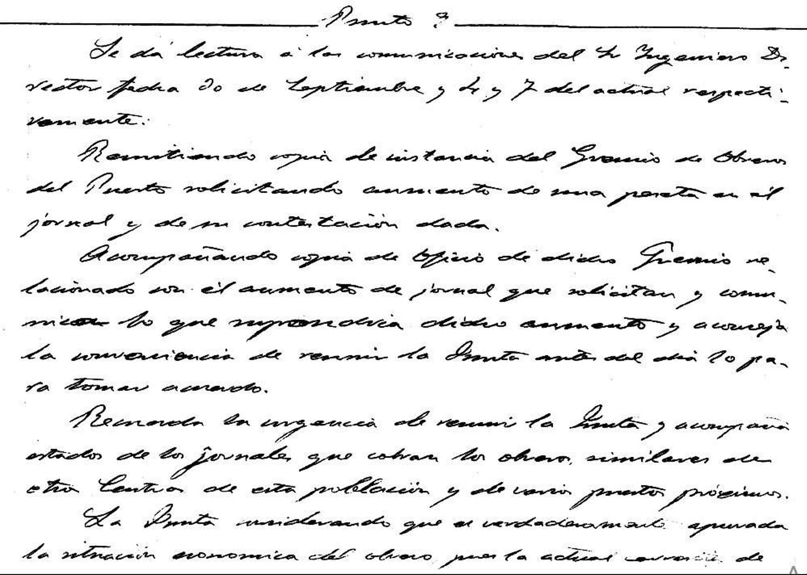 Punto 9º del Acta de la Sesión de la Junta de Obras del Puerto de Algeciras del 8 de octubre de 1919 en la que se aprobó acceder al aumento del salario solicitado por los trabajadores en huelga (Archivo de la A.P.B.A.). Punto 9º del Acta de la Sesión de la Junta de Obras del Puerto de Algeciras del 8 de octubre de 1919 en la que se aprobó acceder al aumento del salario solicitado por los trabajadores en huelga (Archivo de la A.P.B.A.).