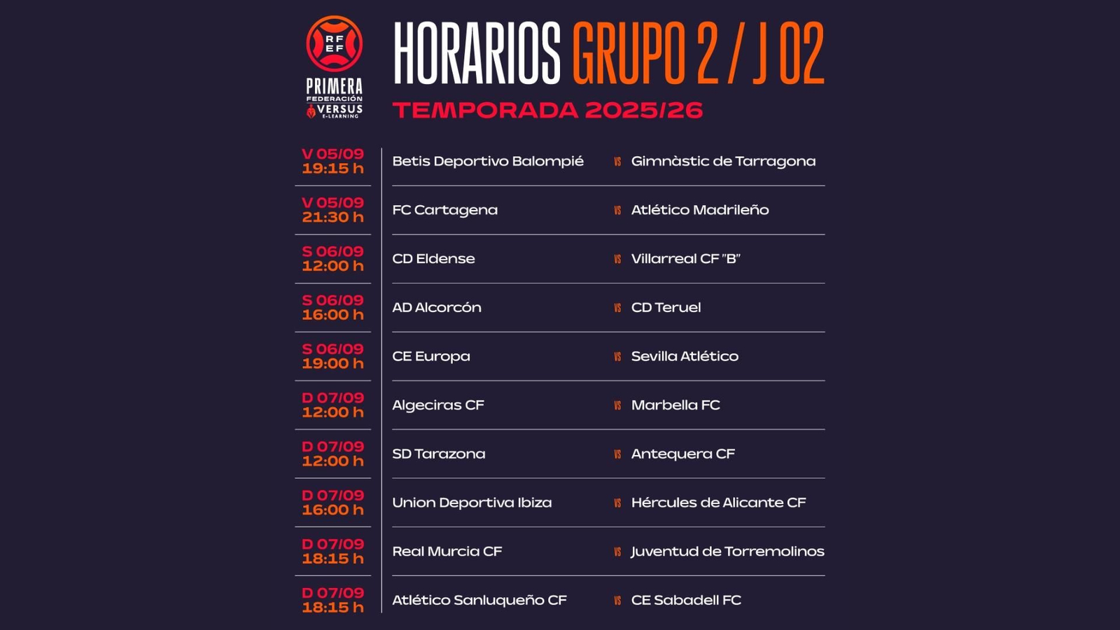 Los horarios de la jornada 2 en el grupo II de Primera Federación.