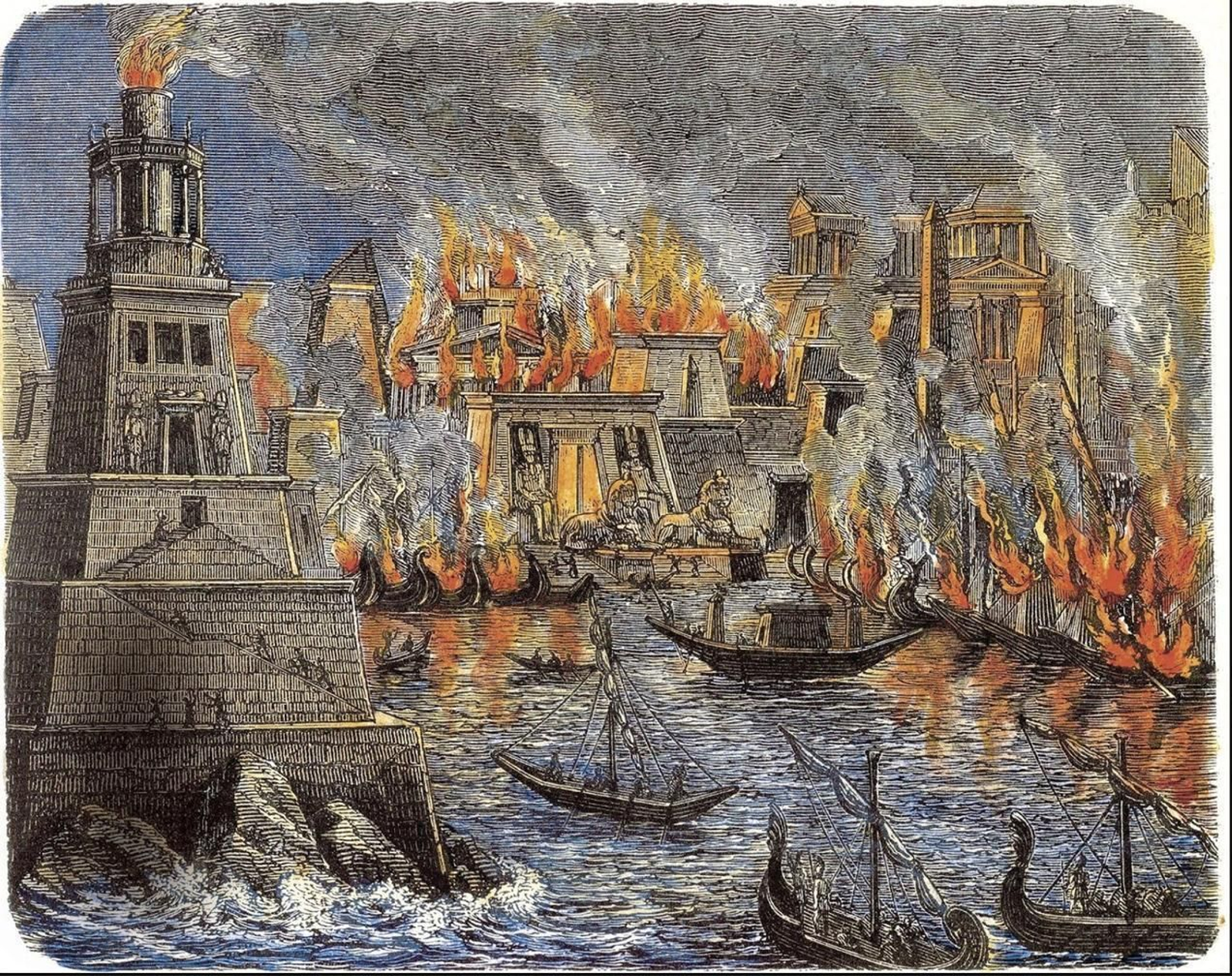 Grabado inspirado en el incendio de la legendaria Biblioteca de Alejandría.
