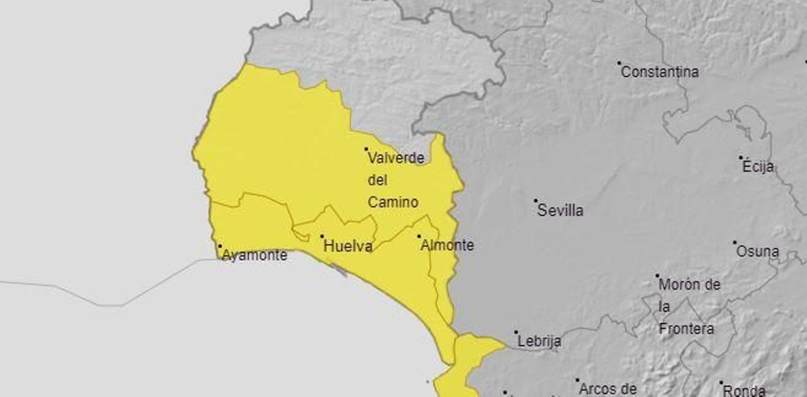 Mapa de avisos meteorológicos en Huelva.
