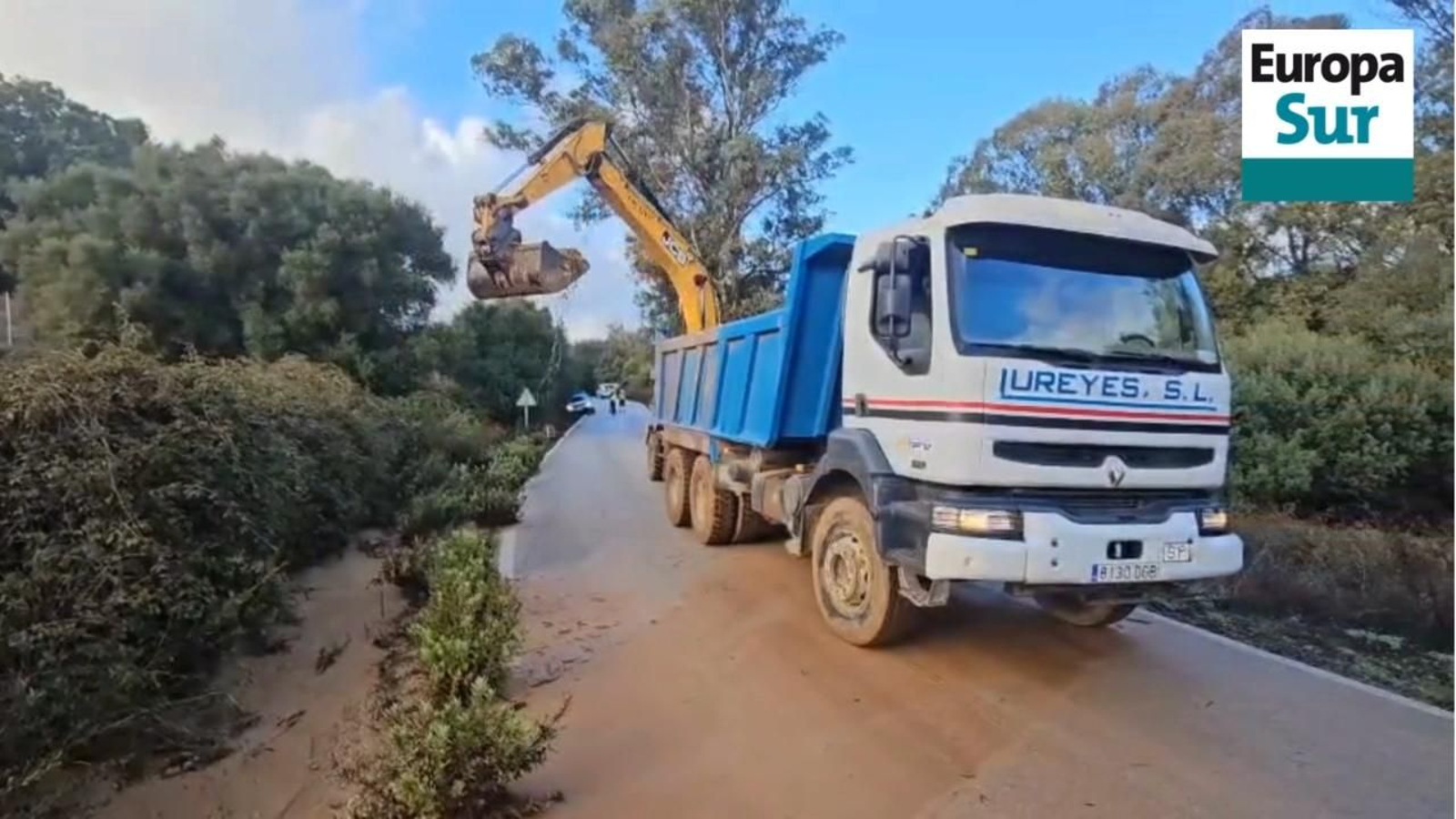 Trabajos de limpieza de la carretera entre La Estación de San Roque y el Pinar del Rey para reabrirla cuanto antes