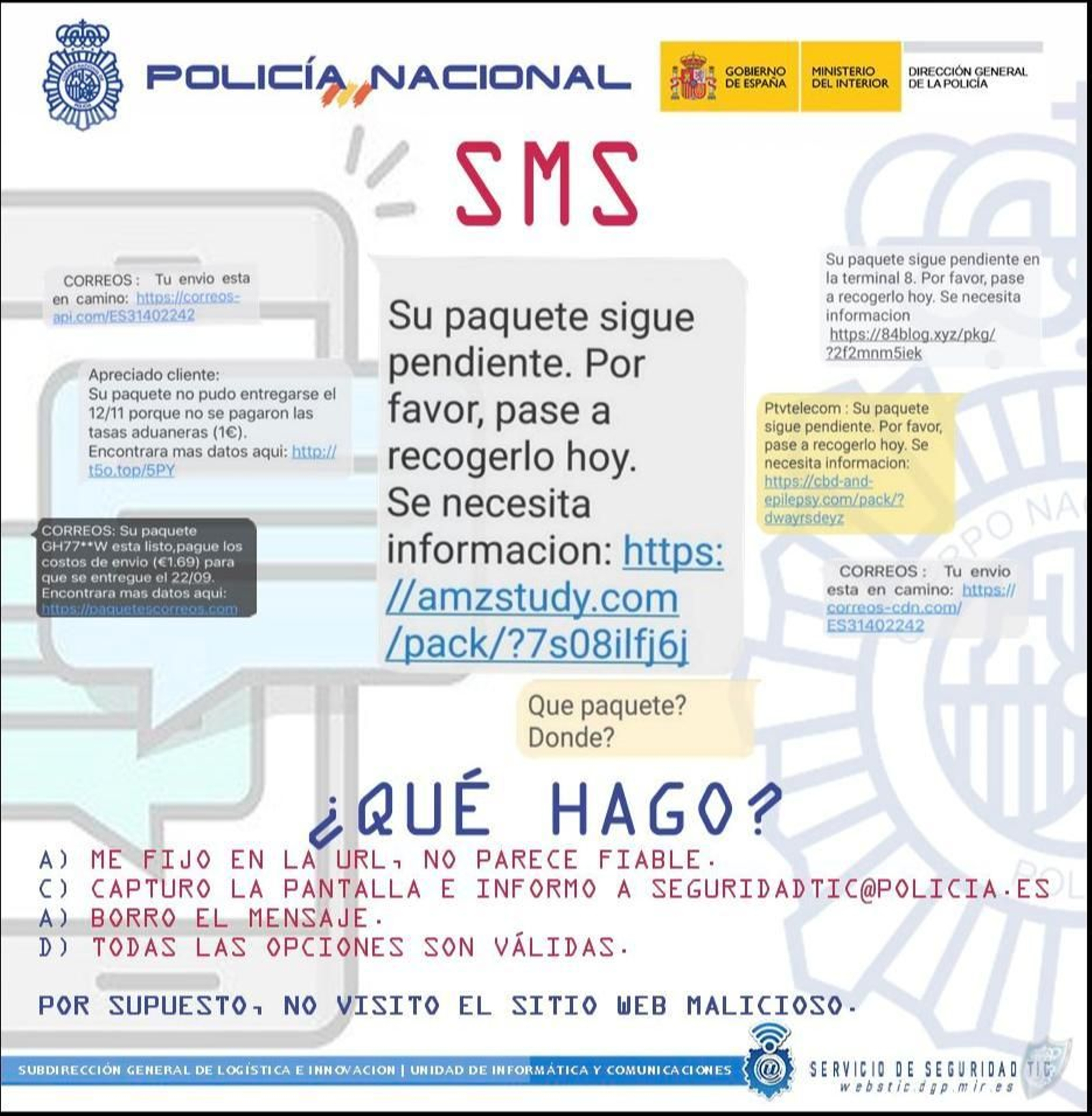 Algunos ejemplos de SMS fraudulentos y qué hacer en caso de recibir uno.