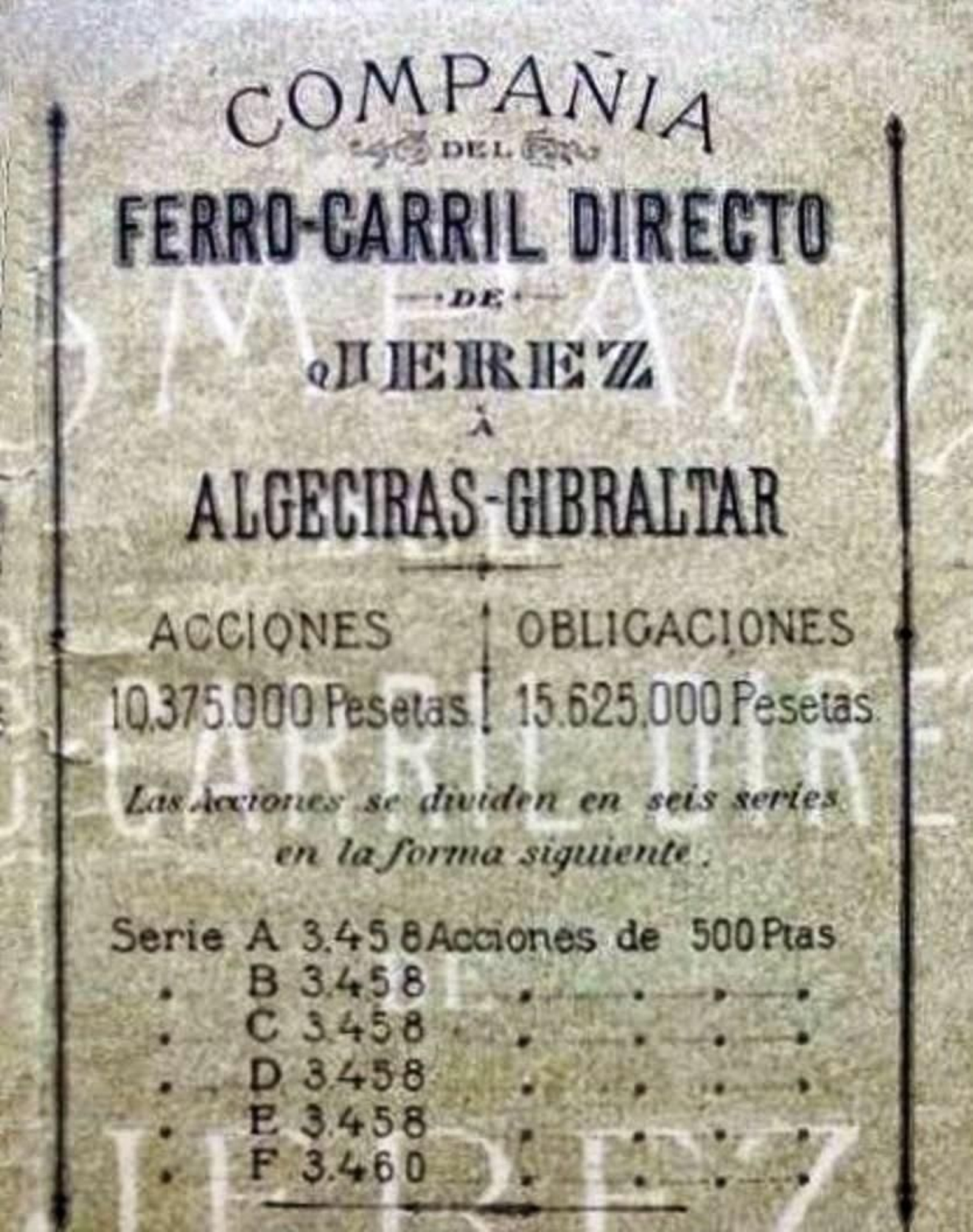 El anuncio de venta de acciones de la Compañía del ferrocarril de Jerez a Algeciras-Gibraltar. El anuncio de venta de acciones de la Compañía del ferrocarril de Jerez a Algeciras-Gibraltar.
