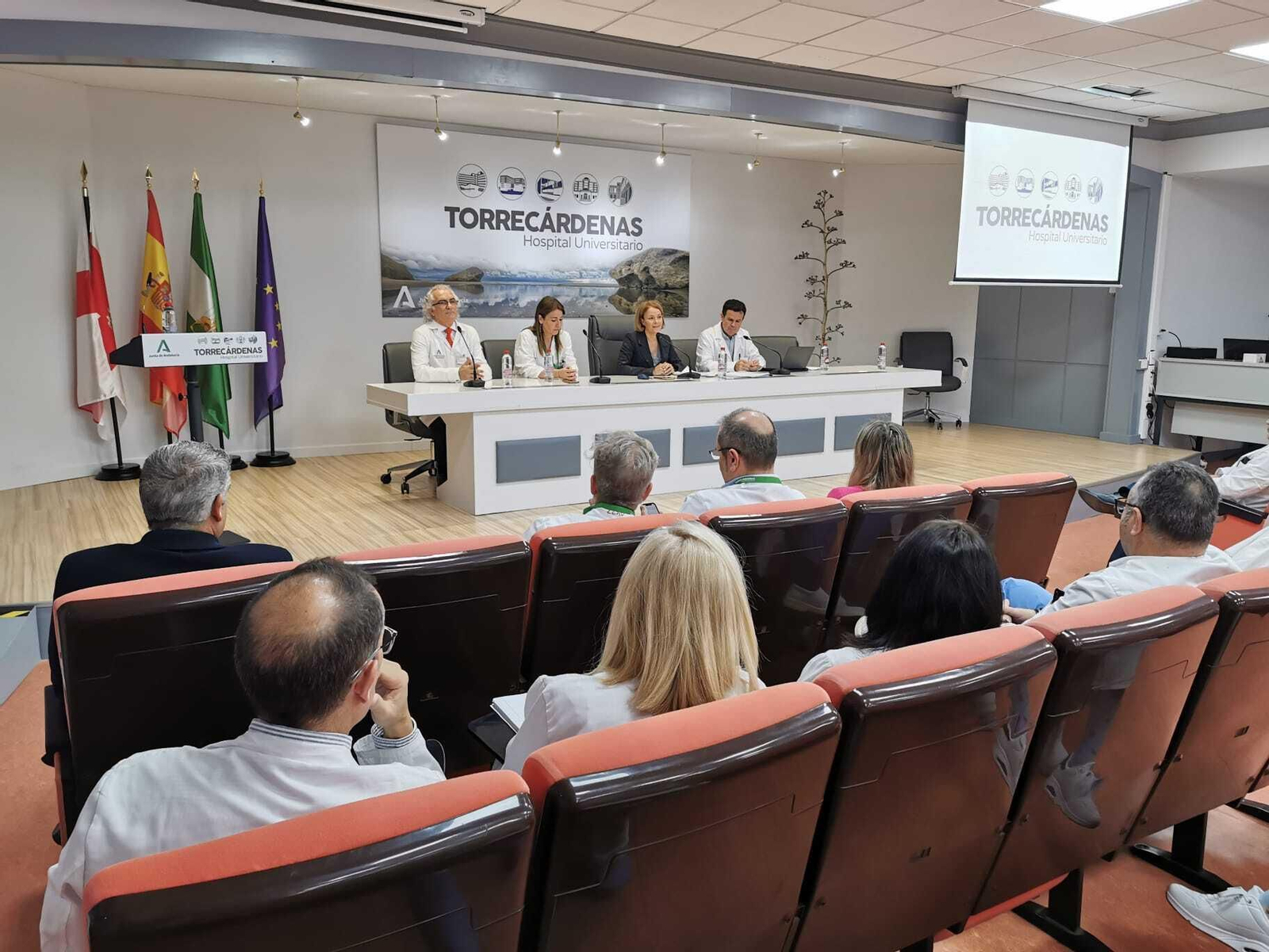 La directora del SAS, acompañada del delegado de Salud en Almería, de la subdirectora de Gestión Sanitaria Hospitalaria de la Dirección General de Asistencia Sanitaria y Resultados en Salud, y del director del Hospital Universitario Torrecárdenas dan cuenta de la situación del Plan de Alta Frecuentación en Almería y Andalucía.