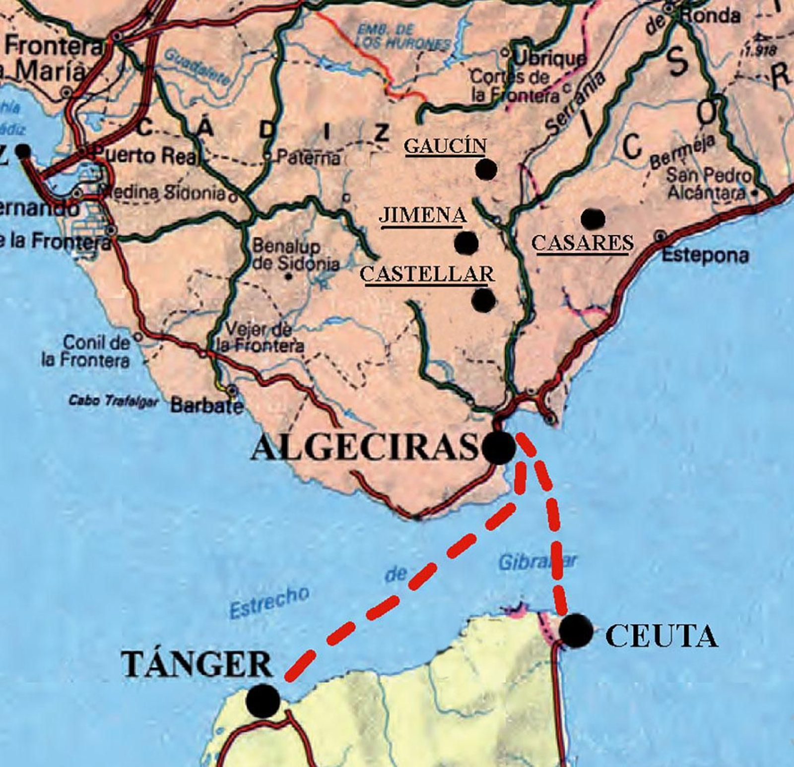 Subrayado los castillos que eran leales a Omar ben Hafsún en los entornos de Algeciras. Las líneas rojas representan las rutas utilizadas por los rebeldes para abastecerse desde los puertos del norte de África. Subrayado los castillos que eran leales a Omar ben Hafsún en los entornos de Algeciras. Las líneas rojas representan las rutas utilizadas por los rebeldes para abastecerse desde los puertos del norte de África.