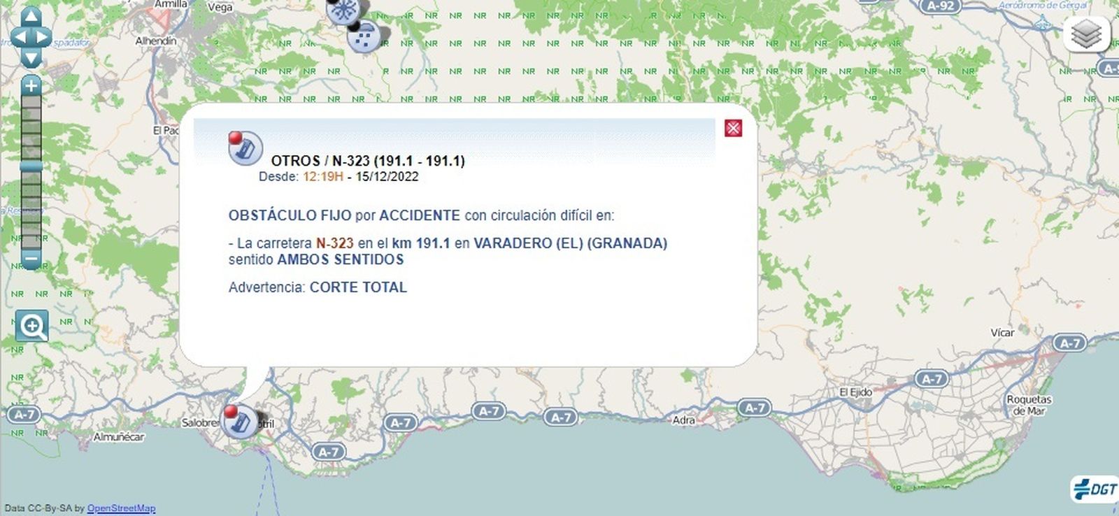 Aviso con el corte de tráfico en Motril.