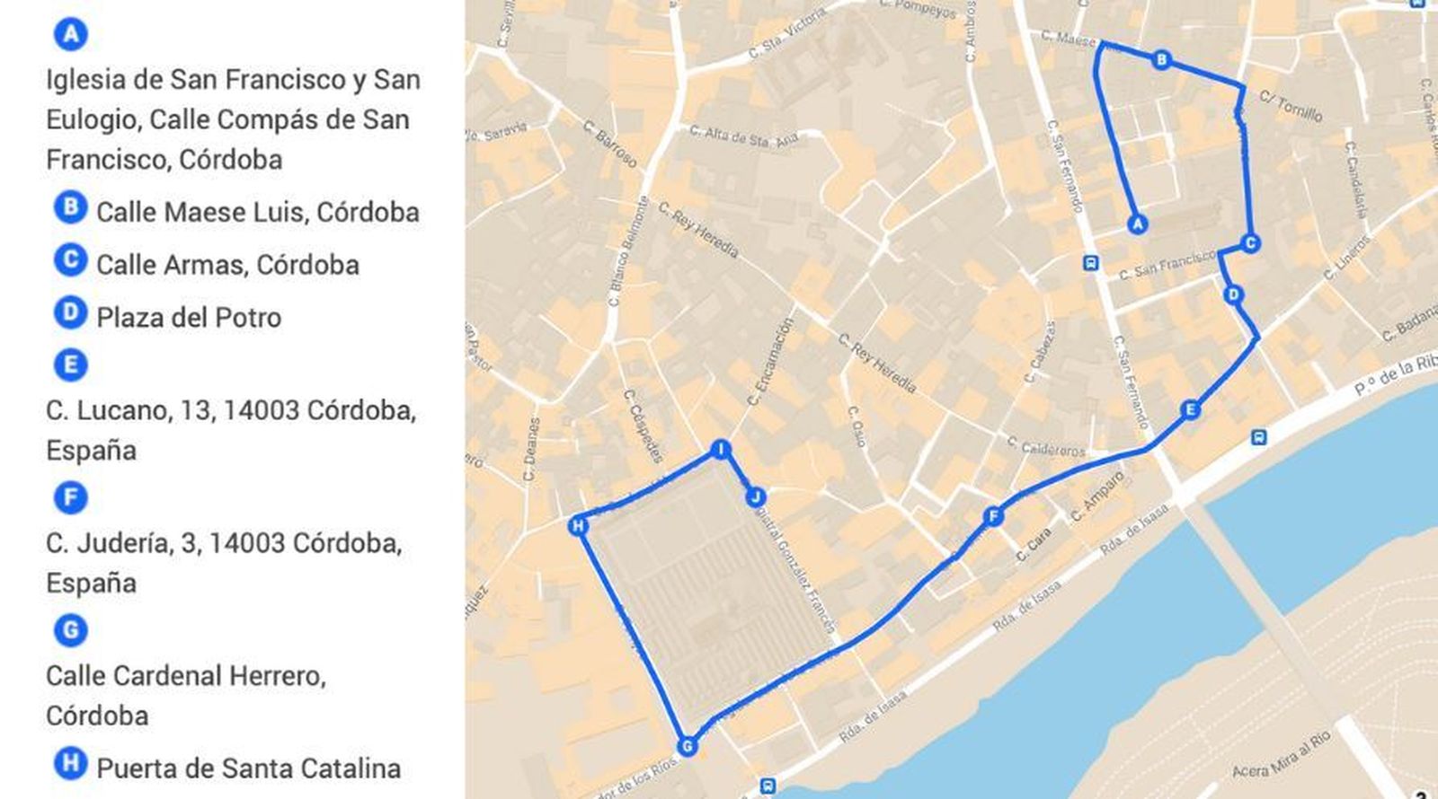 Itinerario de la procesión de la Virgen de Araceli por Córdoba capital.