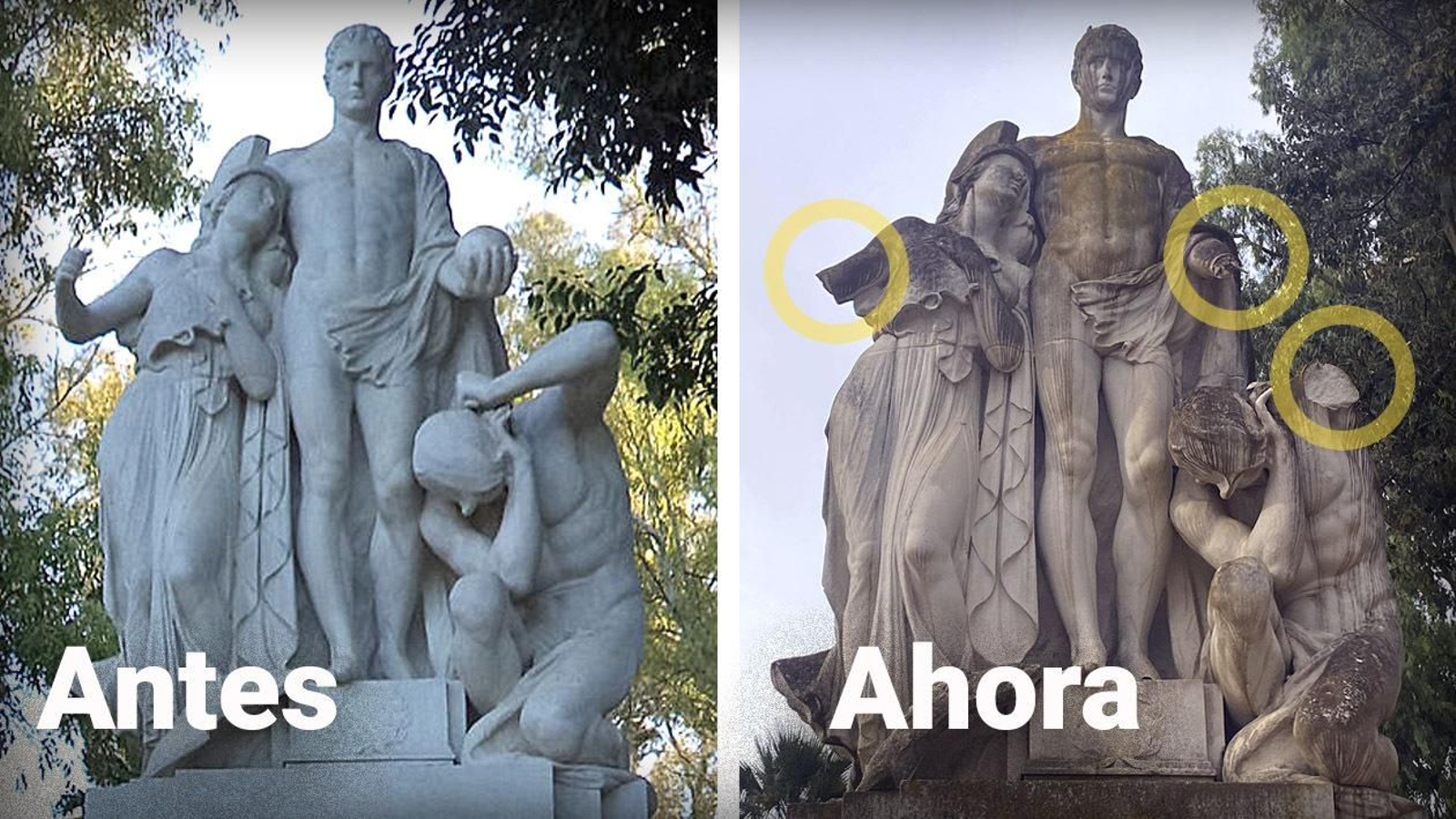 Estado de conservación del grupo escultórico El Genio antes y después del vandalismo