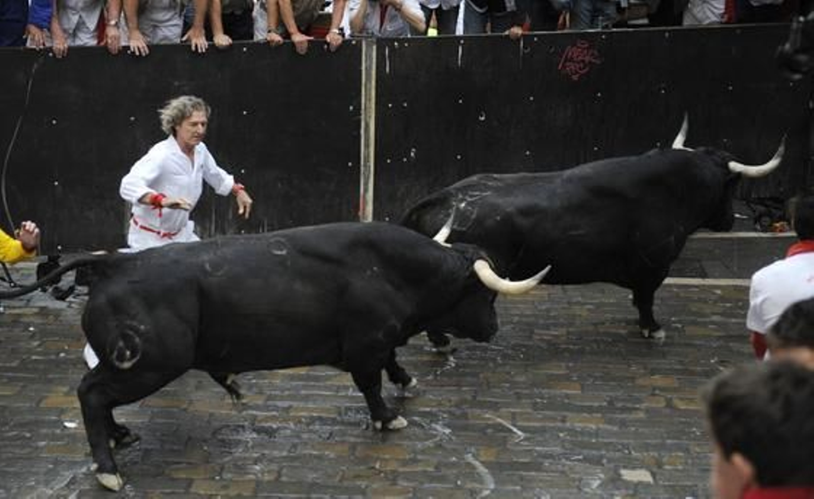 El primer encierro de 2012 finaliza con una cornada en el primer tramo y la entrada en la plaza de un toro con un mozo en una de sus astas.

Foto: EFE / Reuters