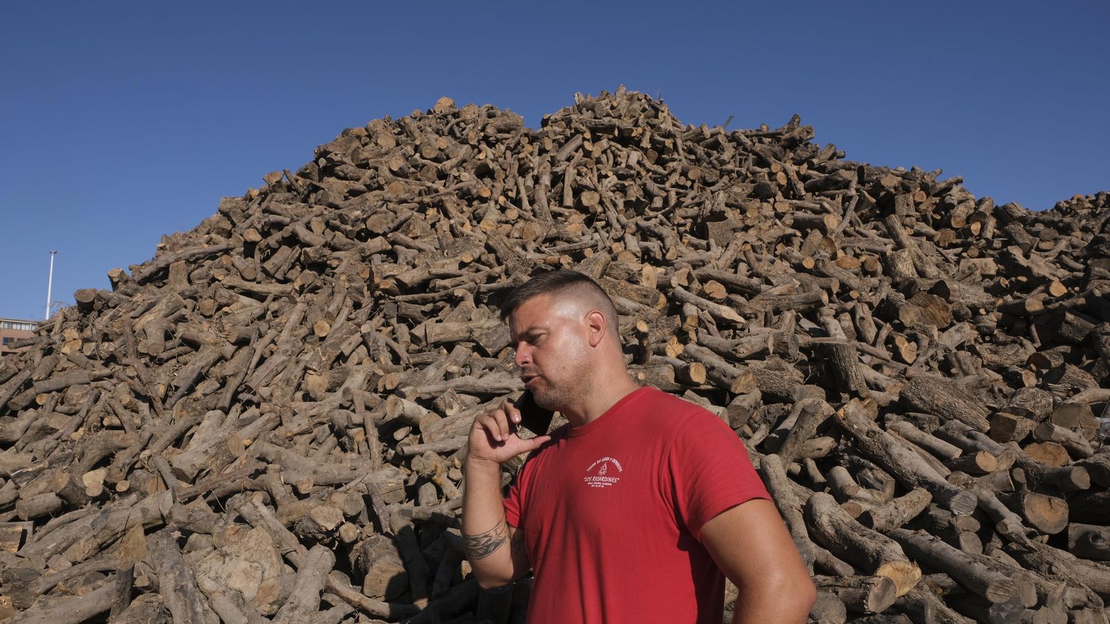 Juan habla por el móvil con un cliente que quiere leña. No paró de sonarle.