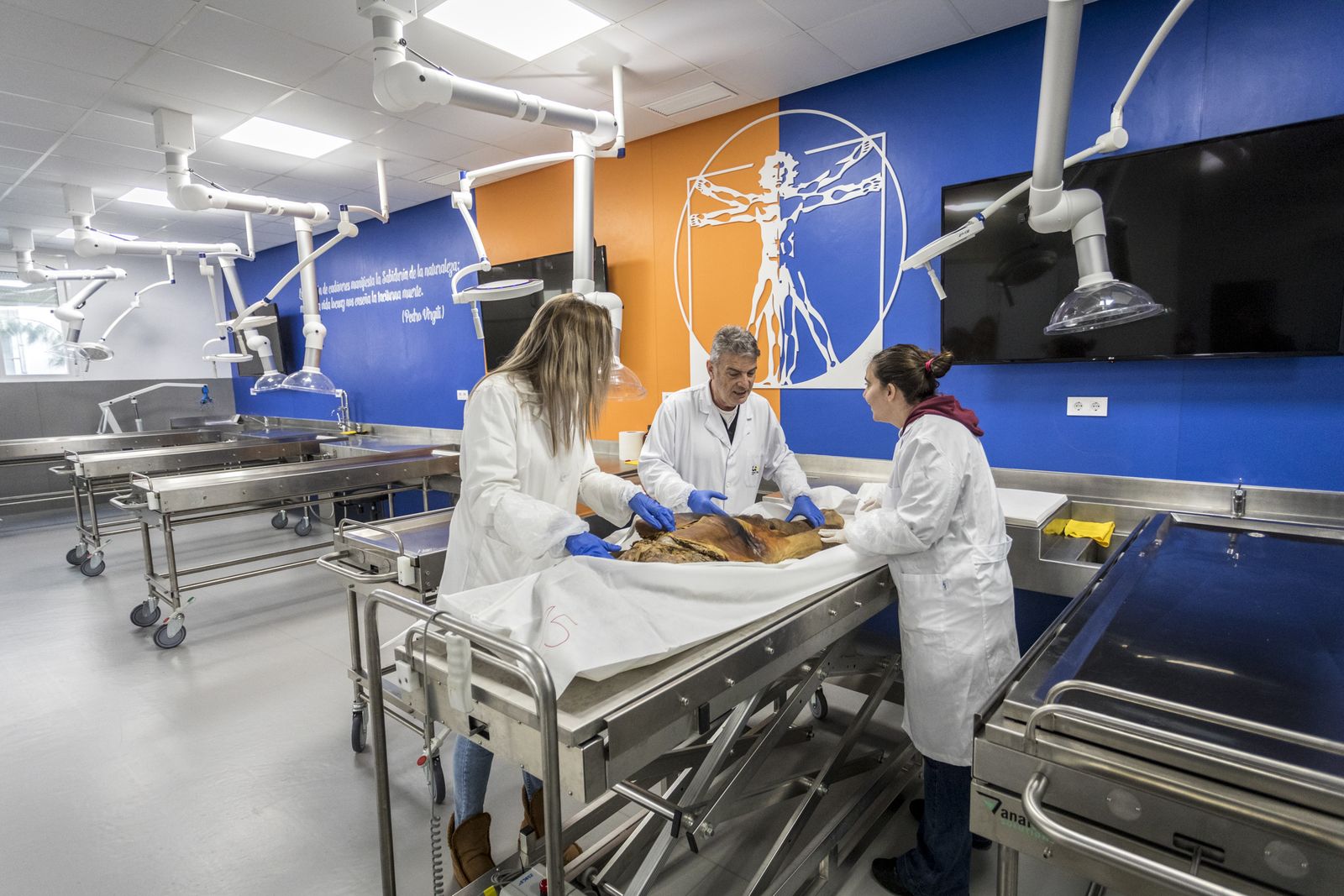 Técnicos del Departamento de Anatomía y Embriología Humana con uno de los cuerpos donados en la Sala de Disección.