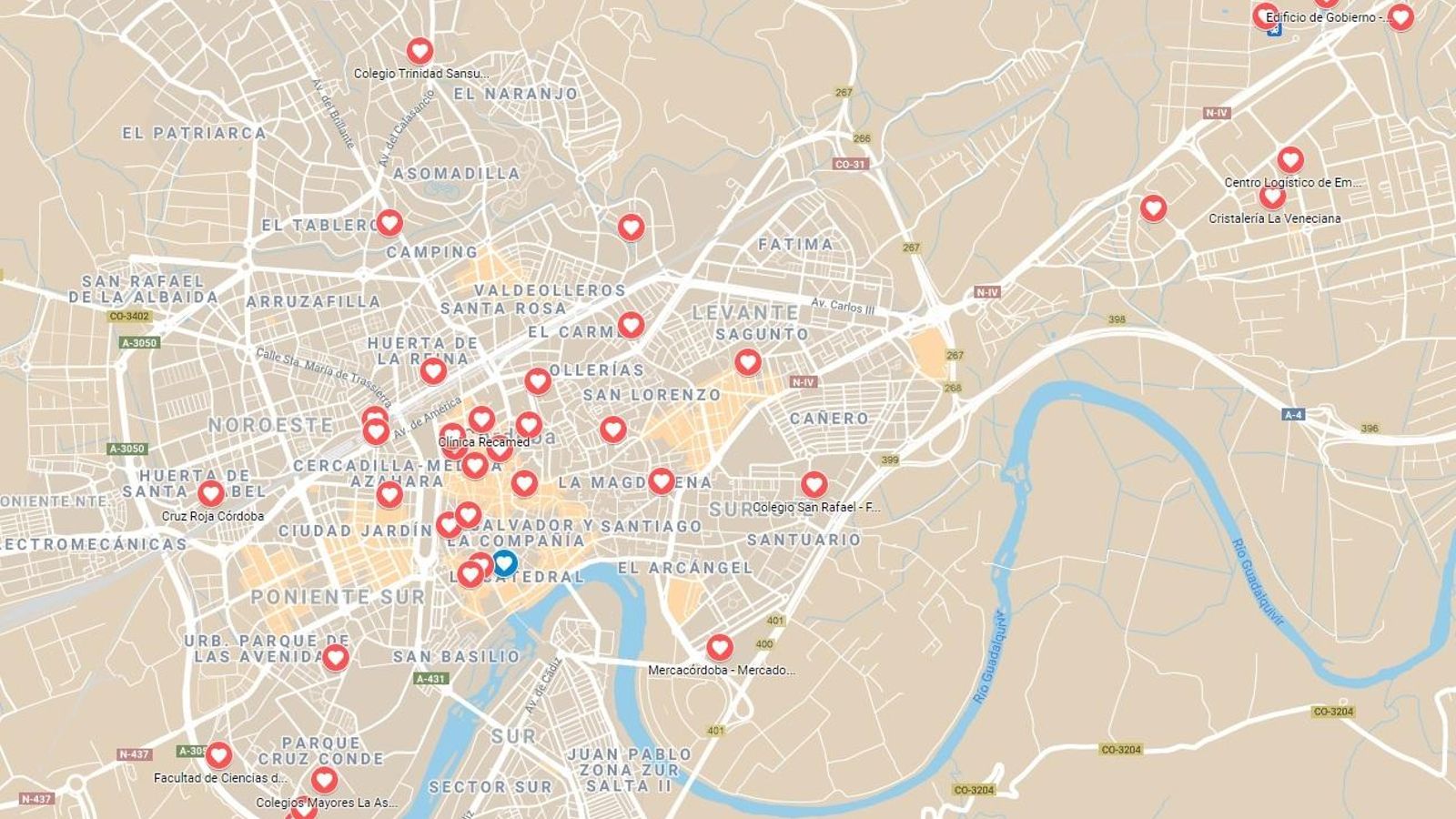 El mapa de las zonas en la capital cordobesa.