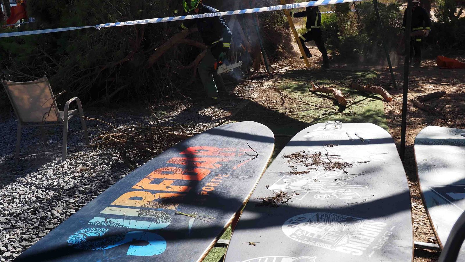 Los bomberos y personal del Ayuntamiento de Cartaya en las labores de retirada del árbol