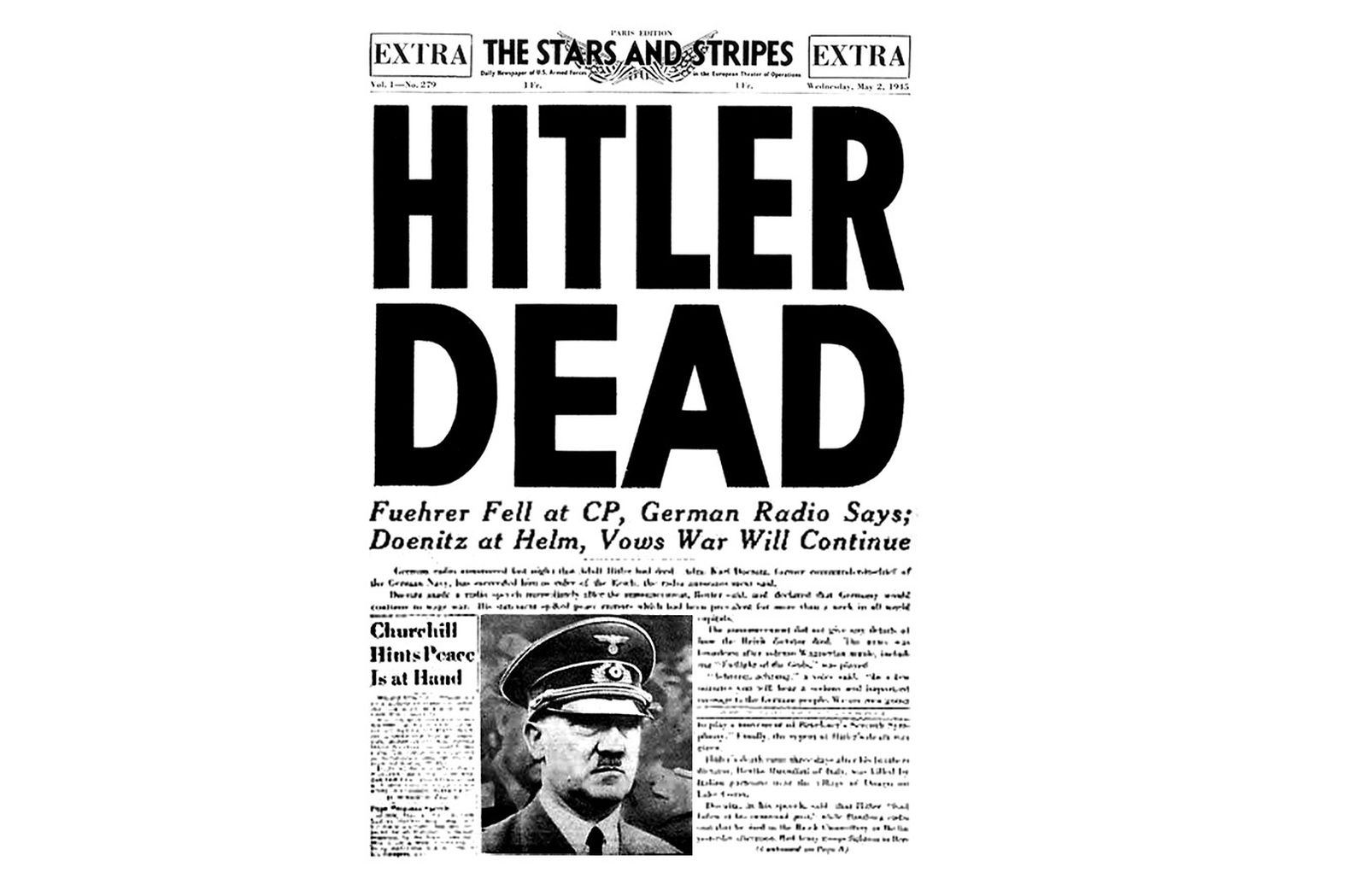La muerte de Hitler, en el periódico norteamericano 'The Stars and Stripes' el 2 de mayo de 1945, dos días después de la muerte del líder nazi.