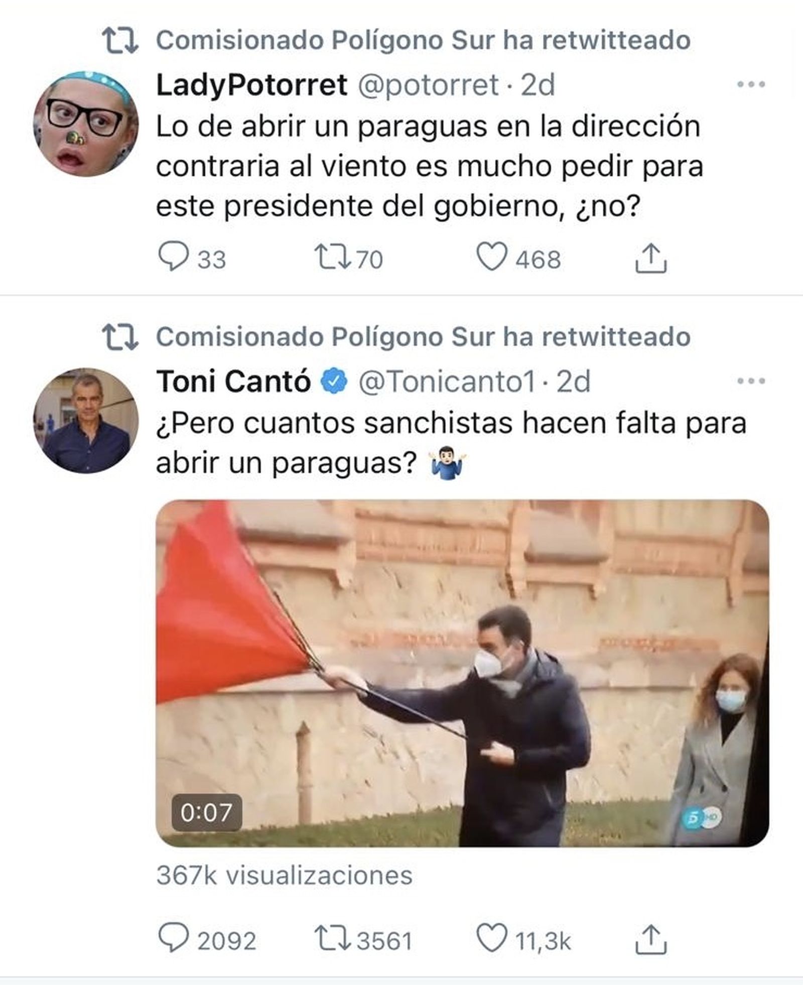Los mensajes en Twitter ya retirados por el Comisionado del Polígono Sur.