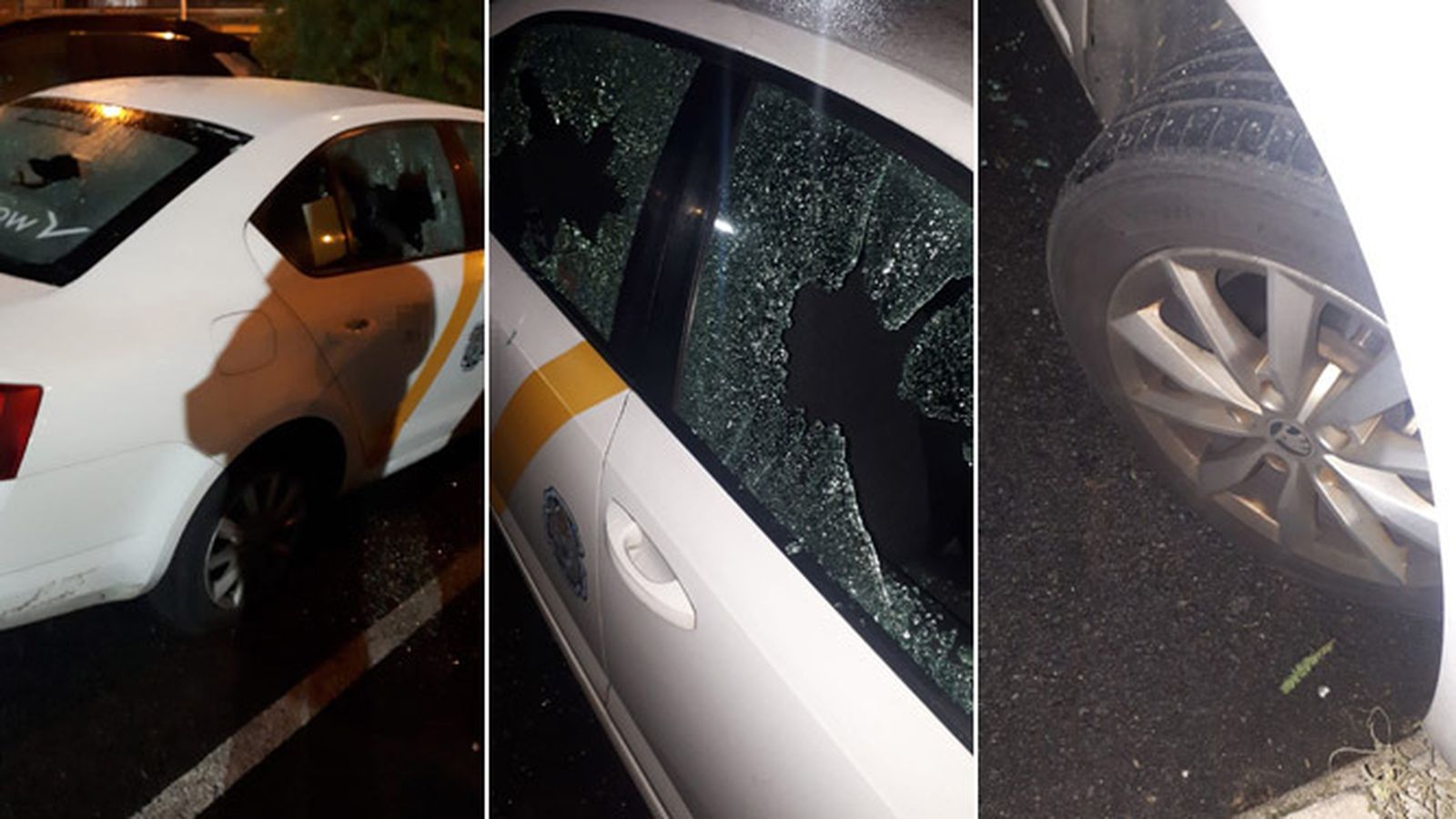 El estado en el que han quedado los cristales de las ventanas y la rueda de taxi afectado.