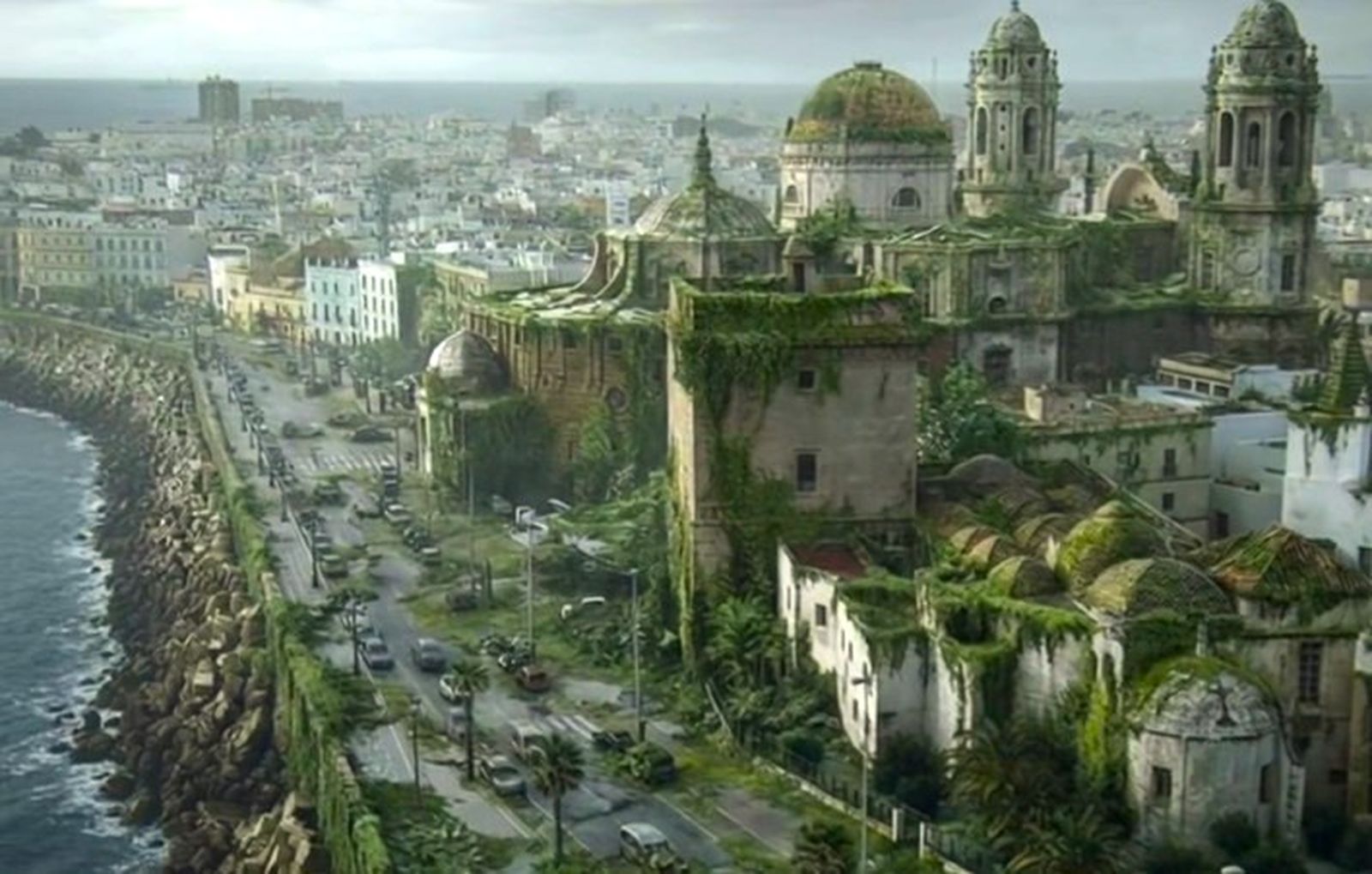 Vistas de la Catedral de Cádiz y la avenida Campo del Sur como si fuera 'The Last of Us'