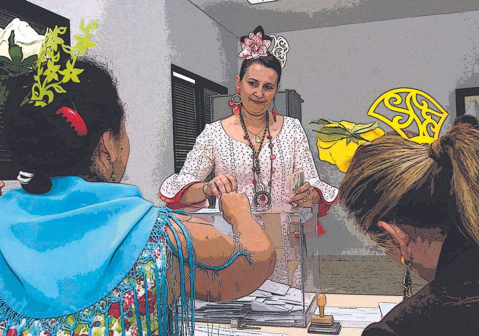 Una rociera vota en unas elecciones anteriores ante una mesa en la que sus miembros también están ataviadas de romeras.