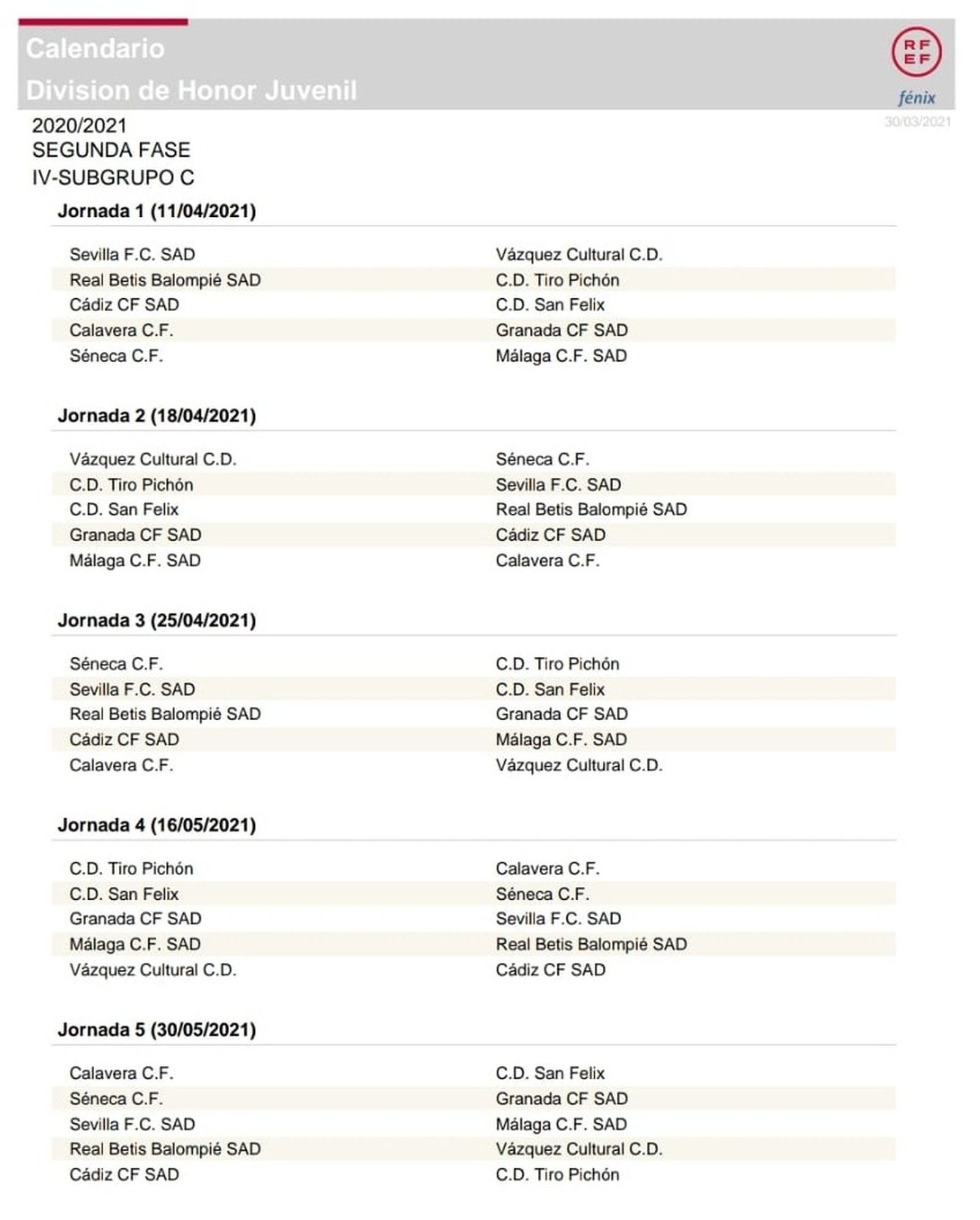 Calendario del Subgrupo IV-C por el título.
