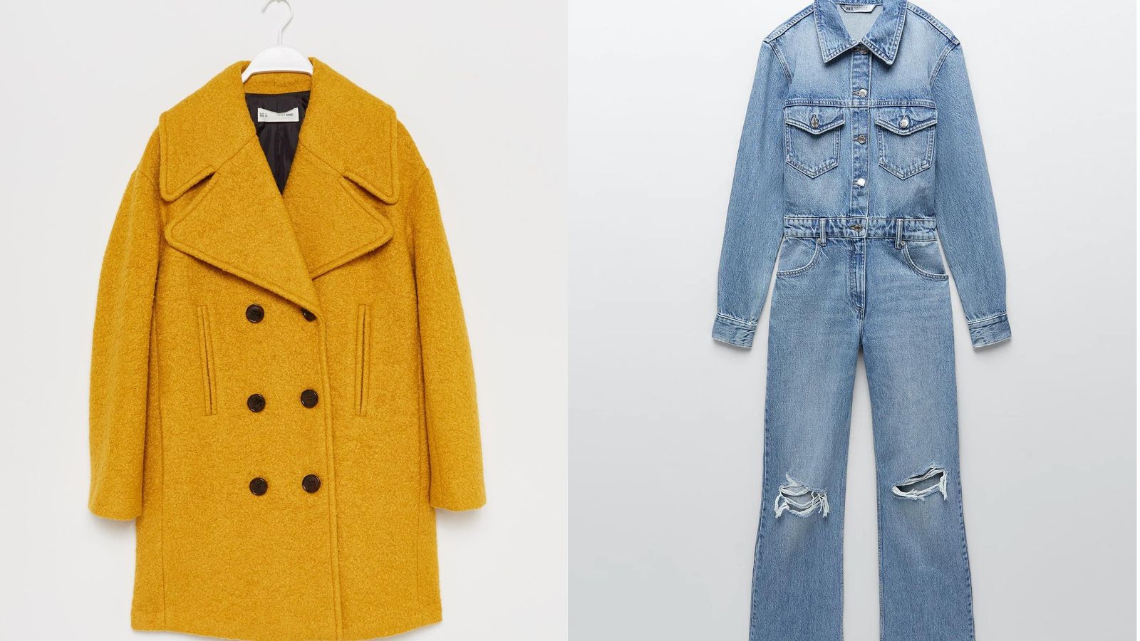 El mono vaquero de Zara con un abrigo amarillo mostaza de Sfera.