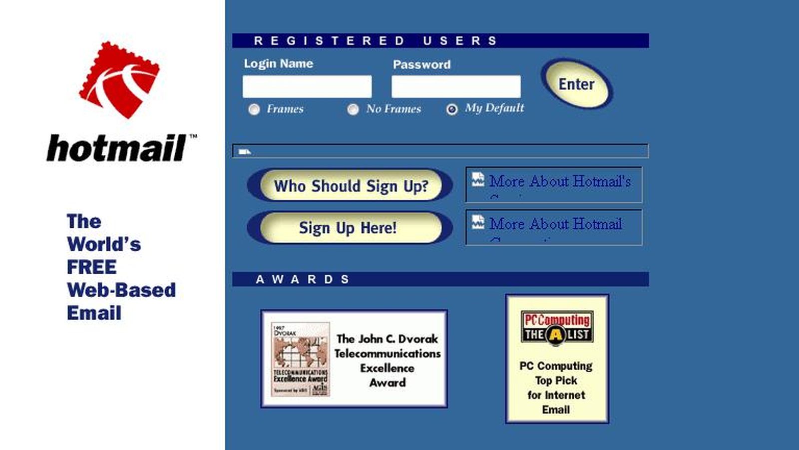 La primera interfaz de Hotmail.
