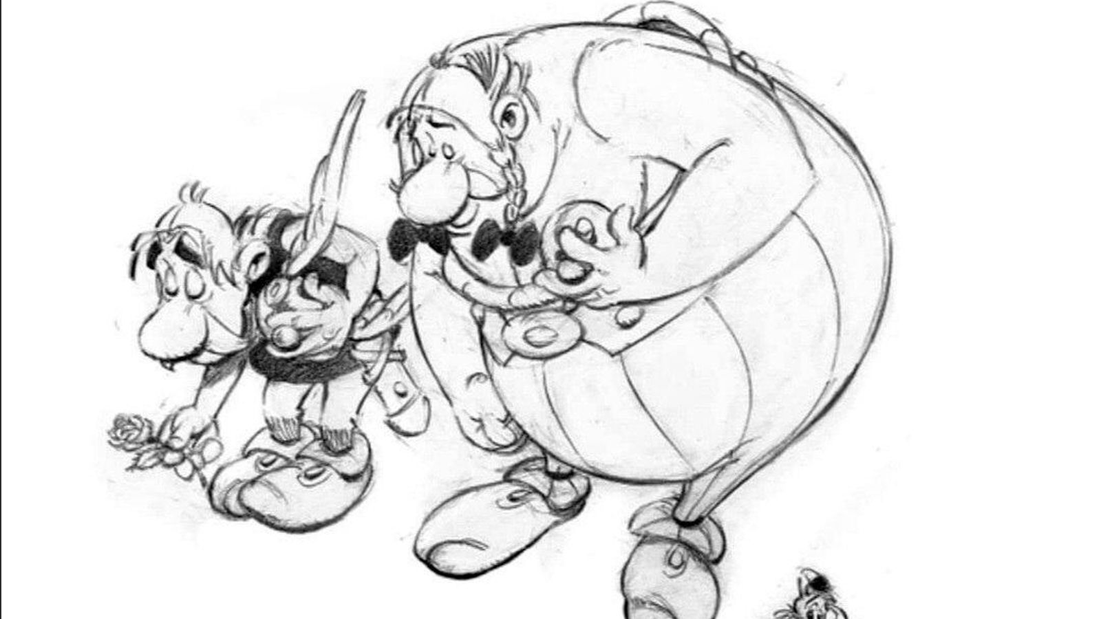 Boceto realizado por Uderzo en el que aparecen Astérix (i) y Obélix (d).