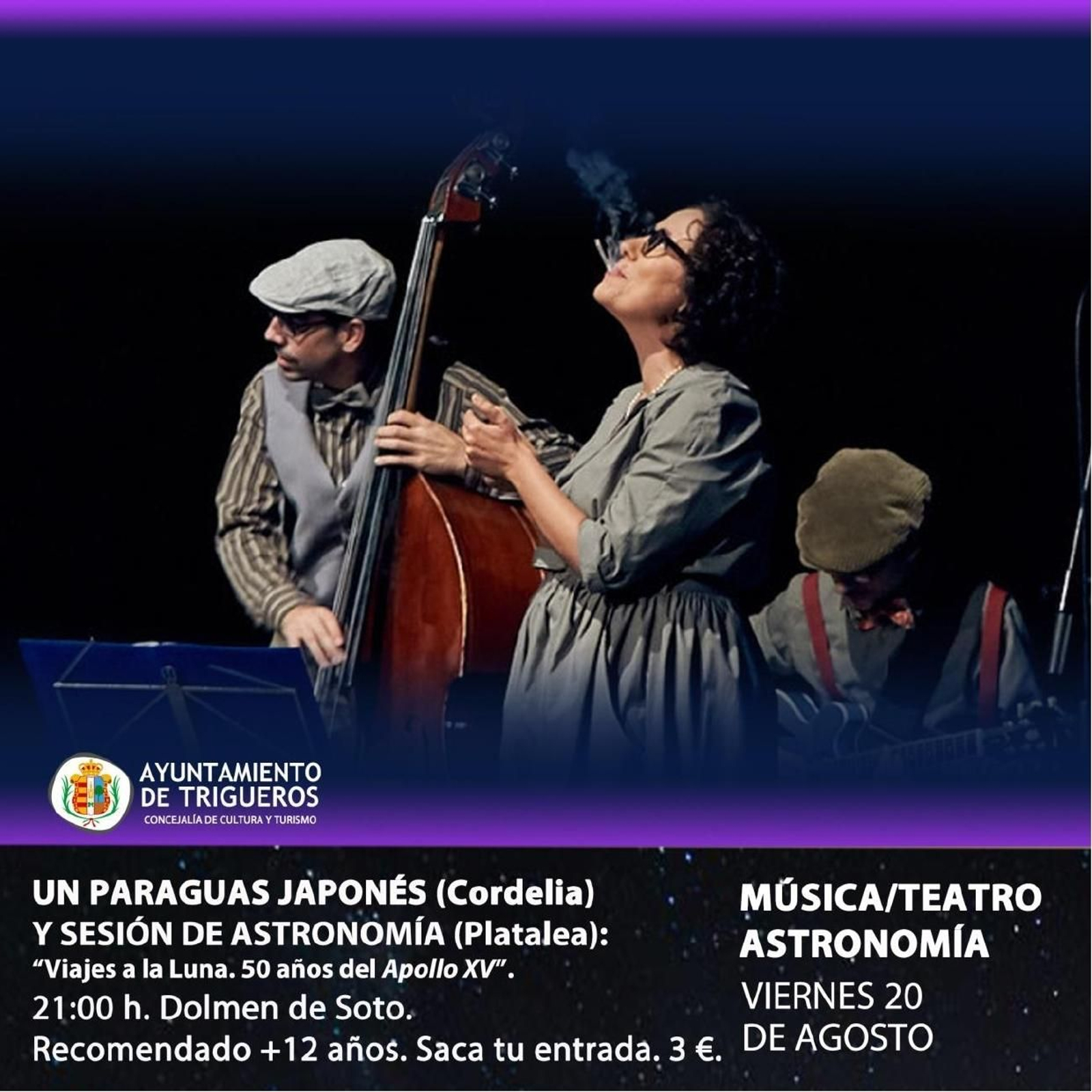 'Un paraguas japonés' (Cordelia) y sesión de astronomía (Platalea): 'Viajes a la luna. 50 años del Apolo XV'. Programación de Las Lunas de Soto